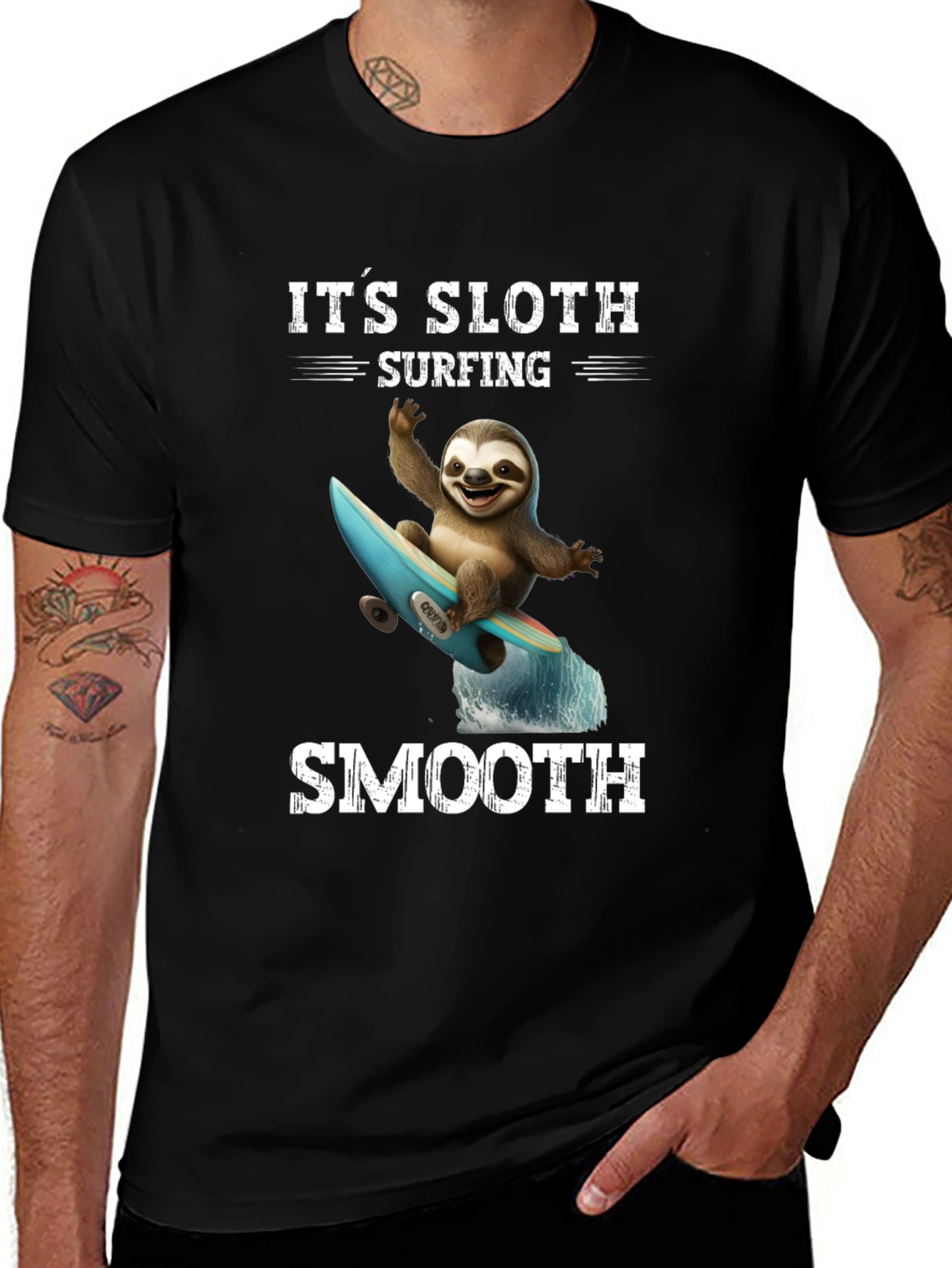 Its Sloth Surfing Smooth Black T-Shirt