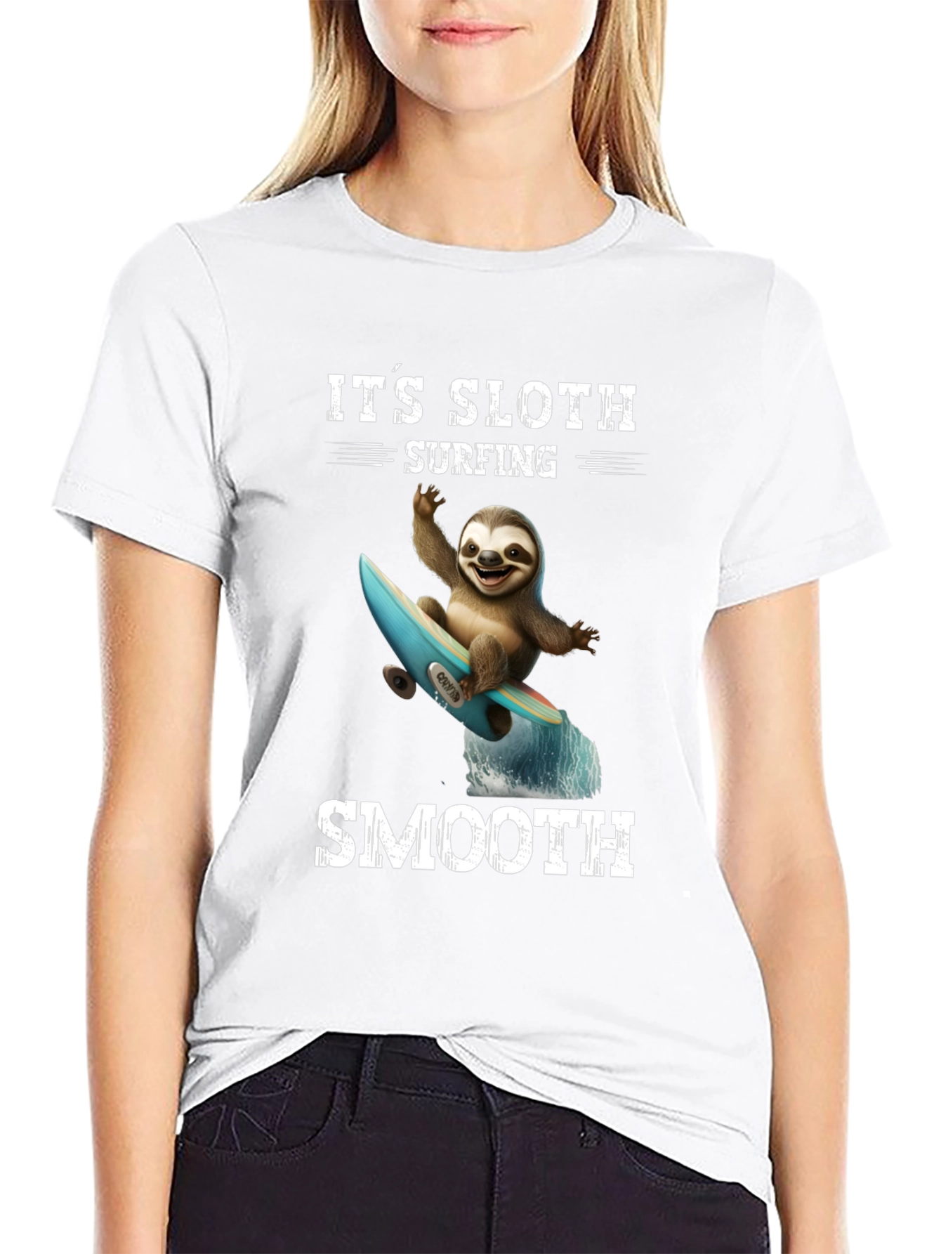 Its Sloth Surfing Smooth Black T-Shirt