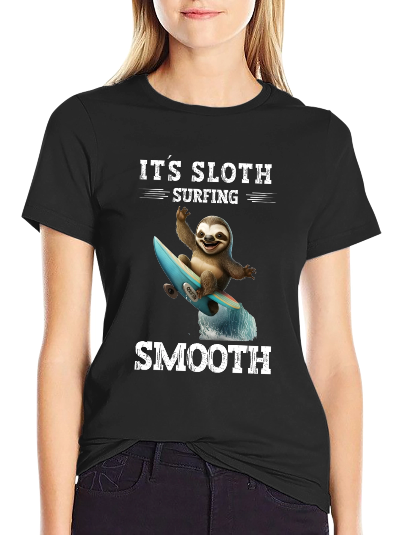 Its Sloth Surfing Smooth Black T-Shirt