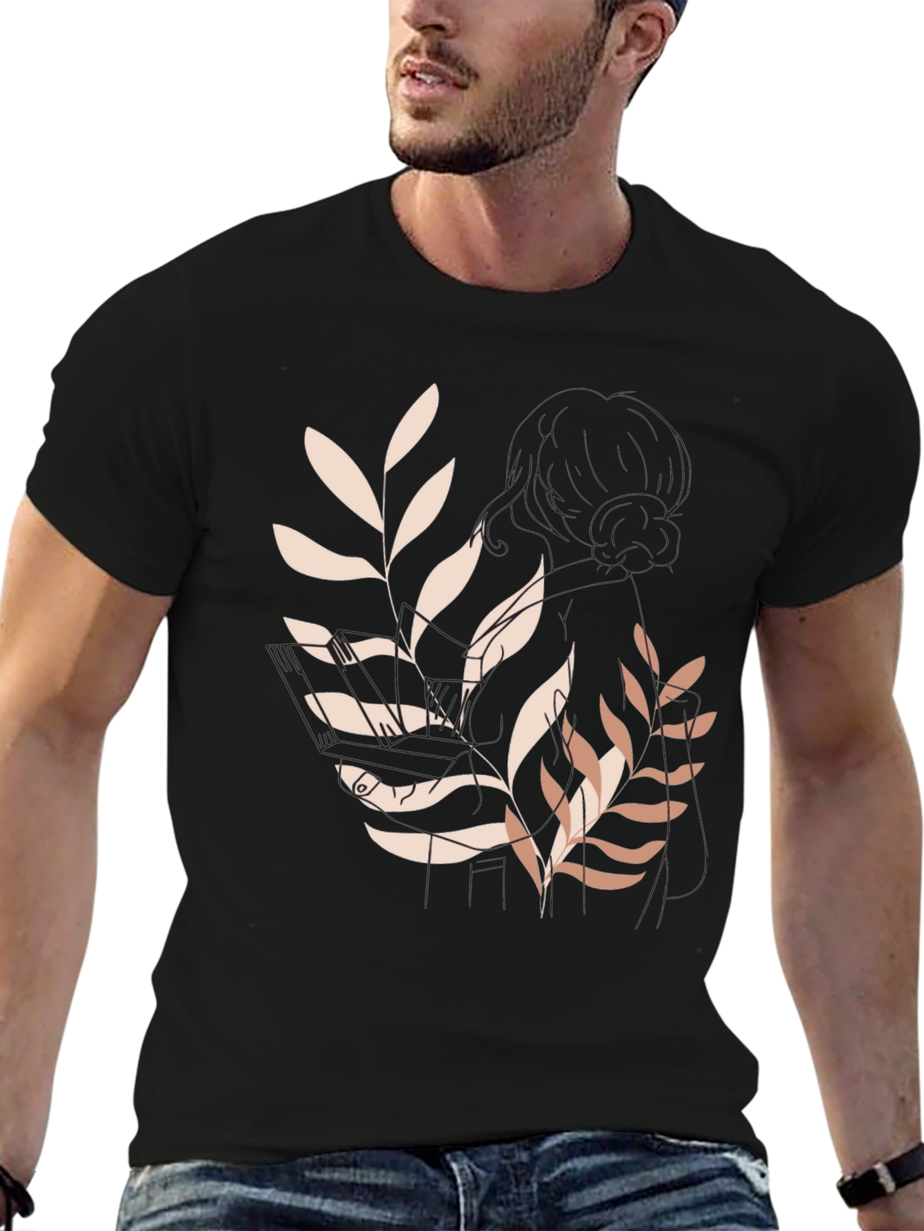 Botanical Print Black Tee - Modern Casual Style