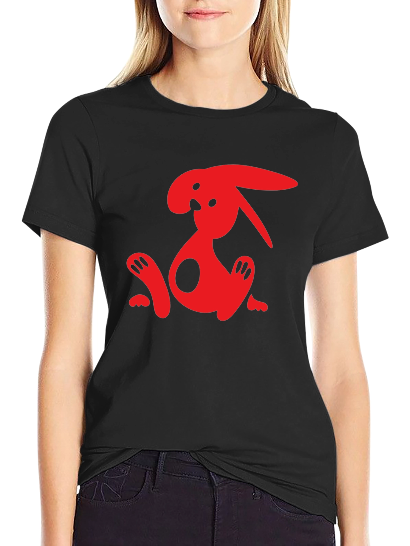 Black T-Shirt with Abstract Red Rabbit Graphic