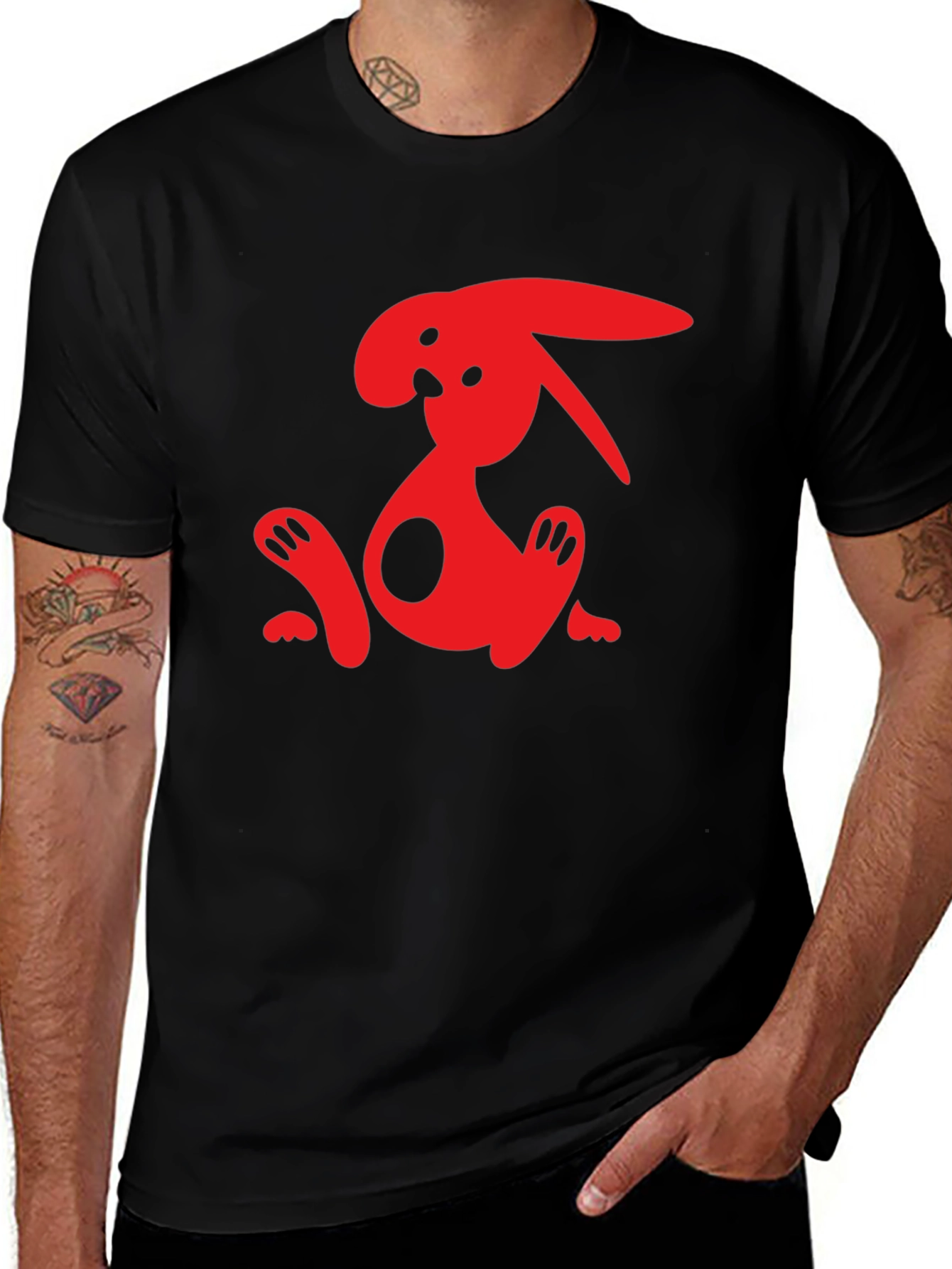 Black T-Shirt with Abstract Red Rabbit Graphic