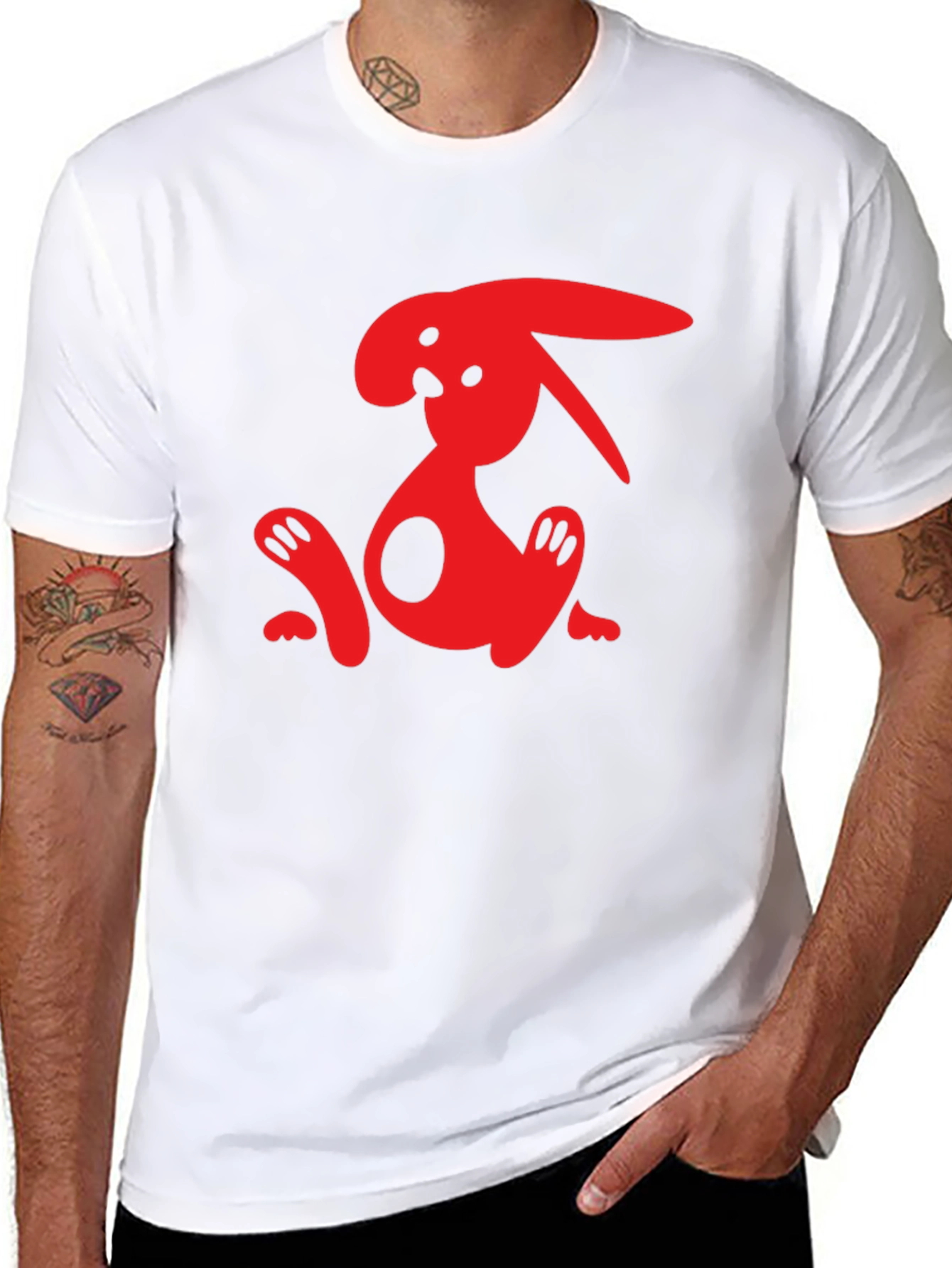 Black T-Shirt with Abstract Red Rabbit Graphic
