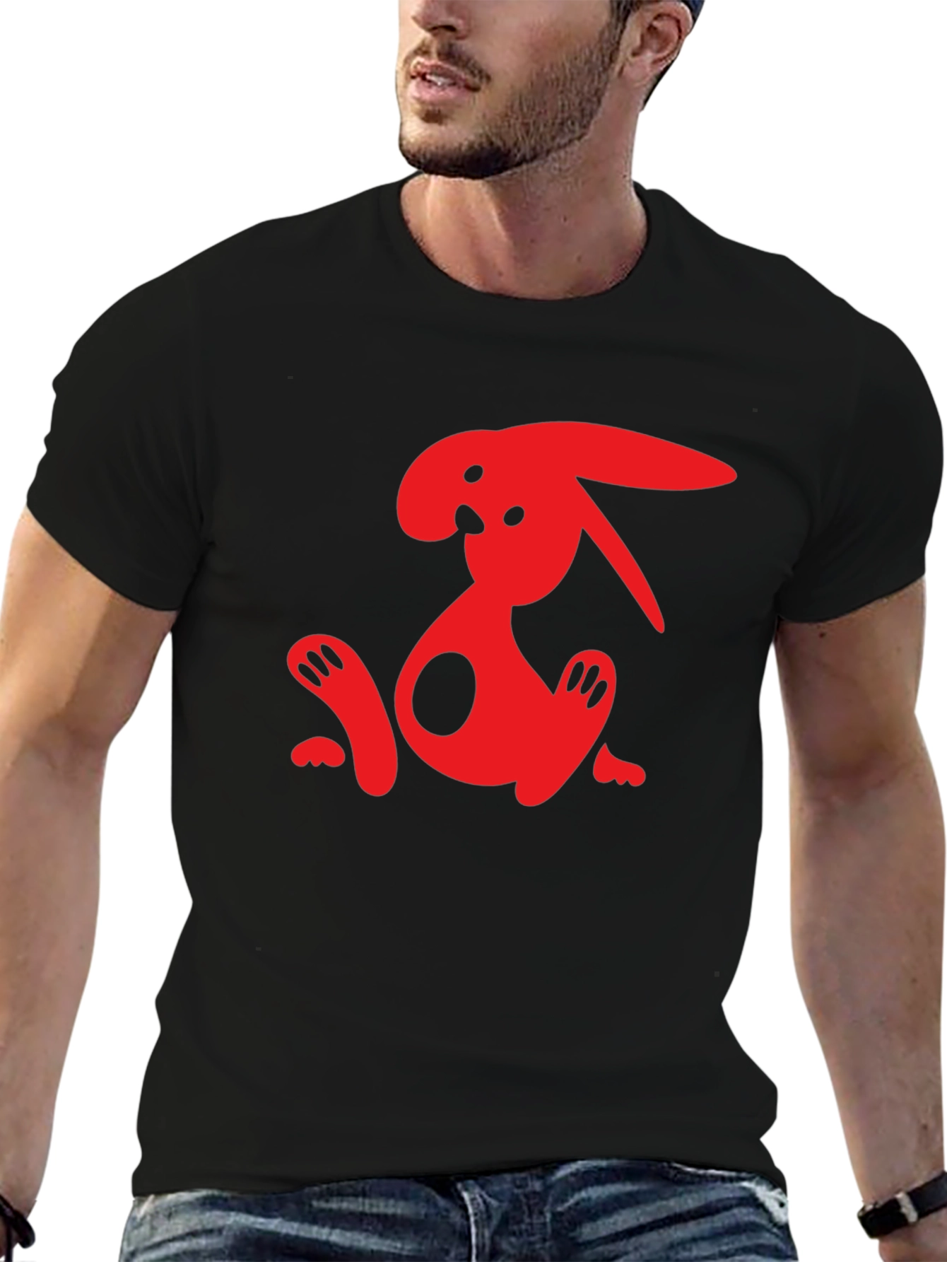 Black T-Shirt with Abstract Red Rabbit Graphic
