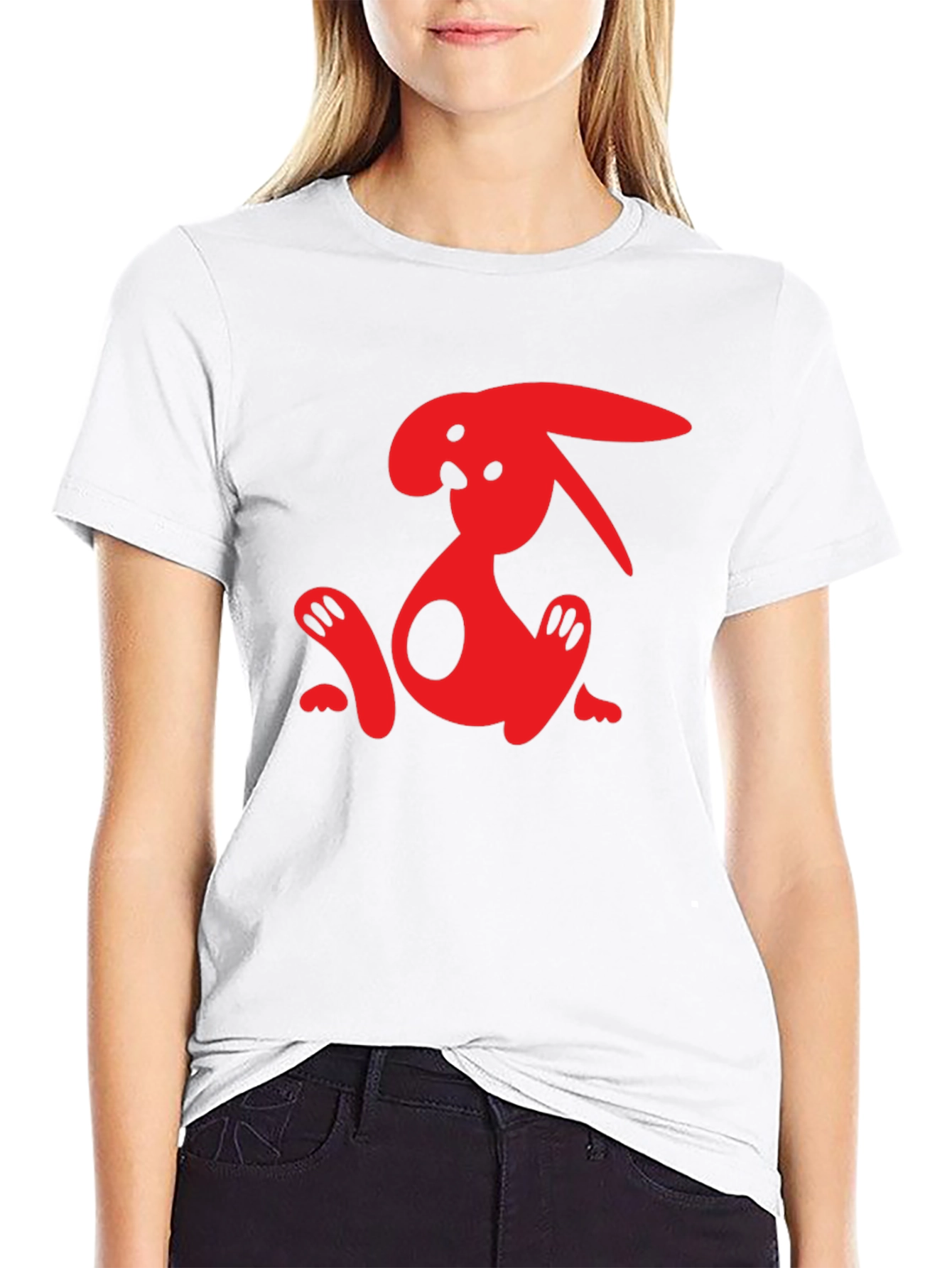 Black T-Shirt with Abstract Red Rabbit Graphic