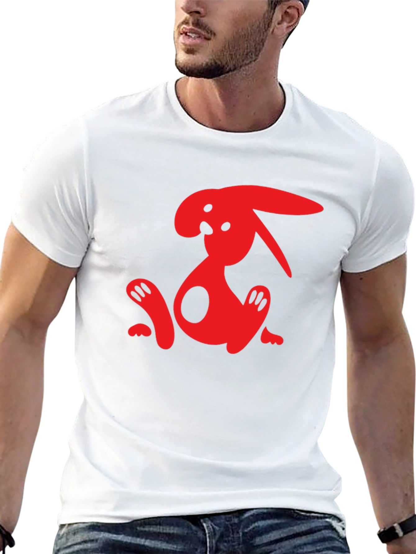 Black T-Shirt with Abstract Red Rabbit Graphic