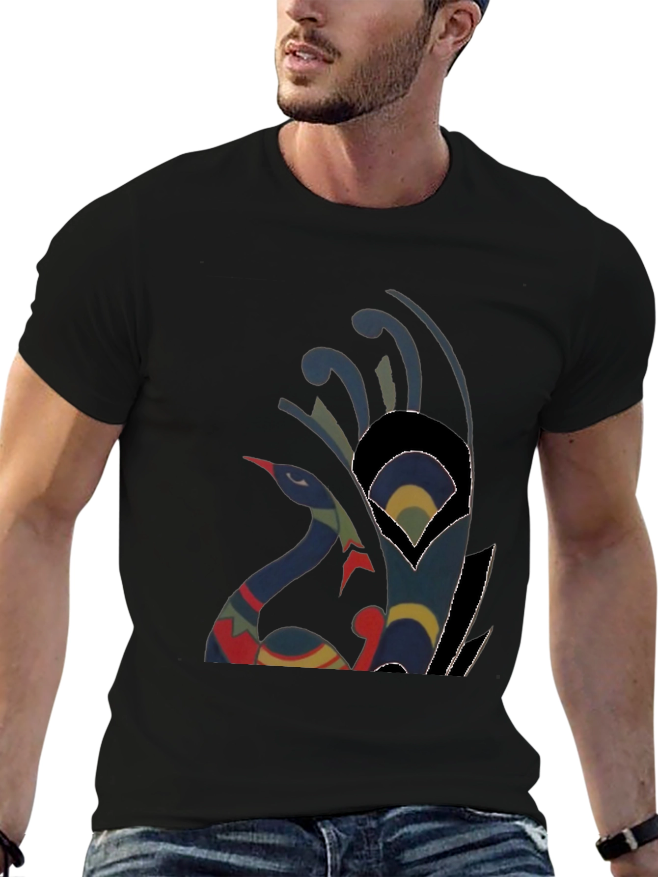 Abstract Peacock Graphic Tee - Casual Black T-Shirt