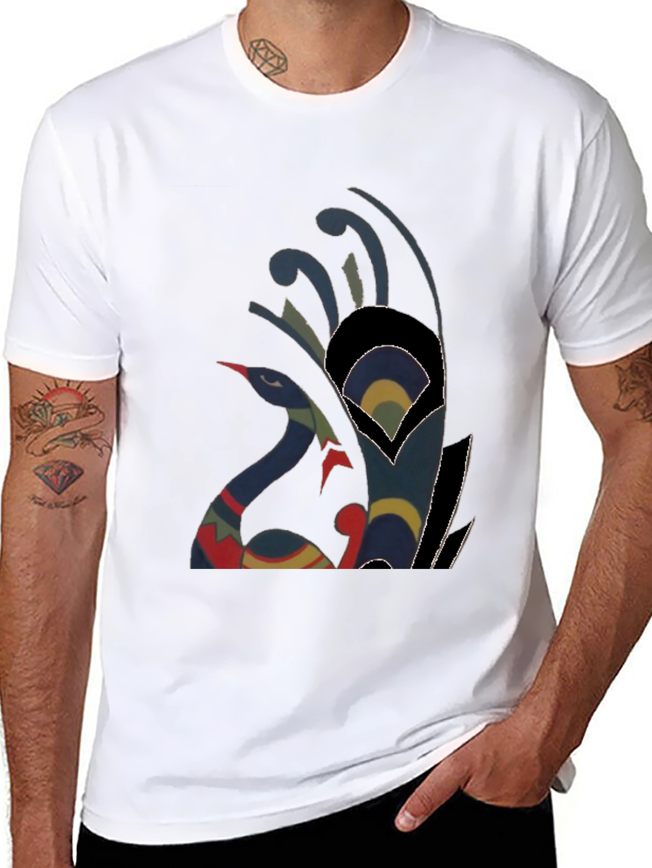 Abstract Peacock Graphic Tee - Casual Black T-Shirt