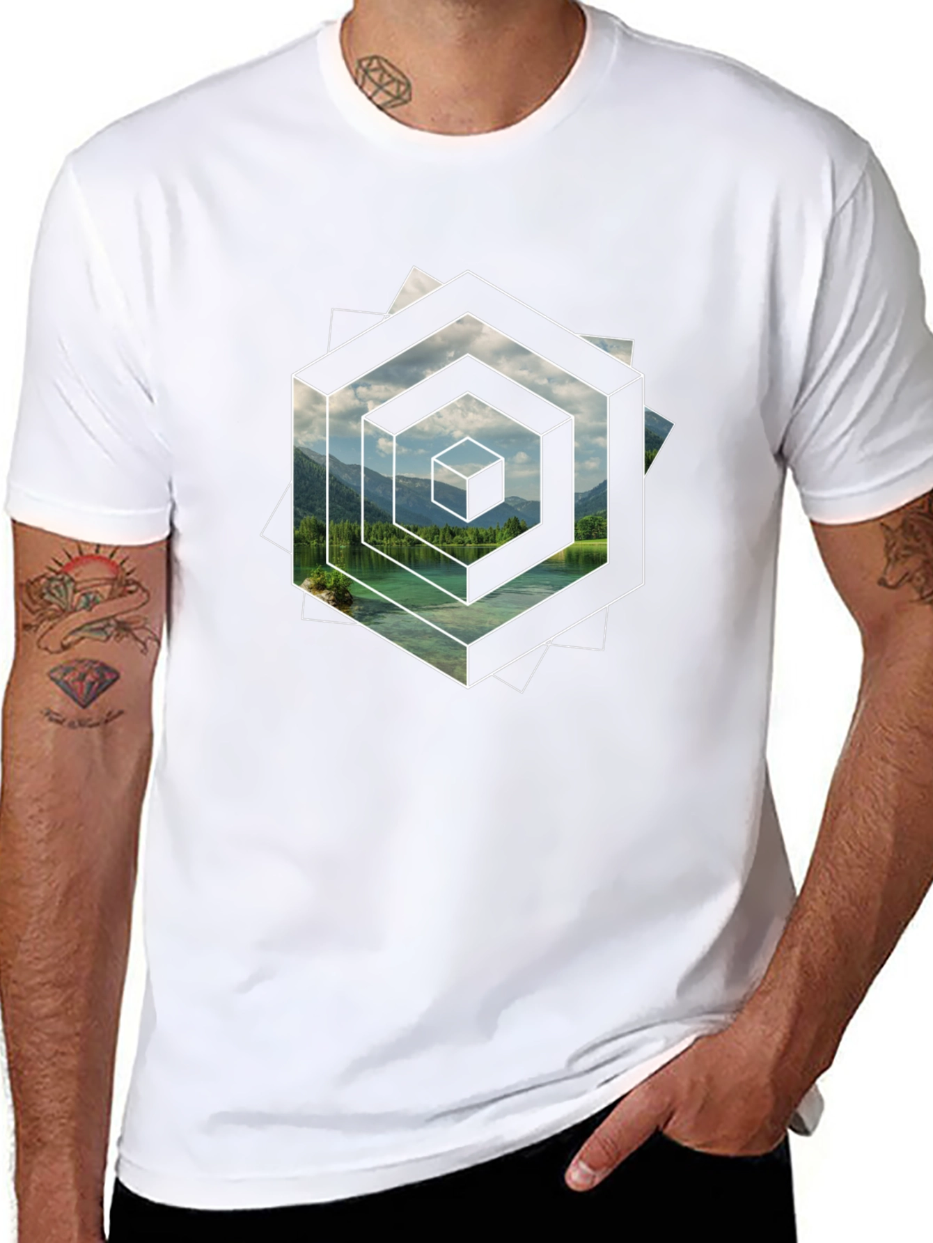 Abstract Geometric Lake Scene Graphic T-Shirt
