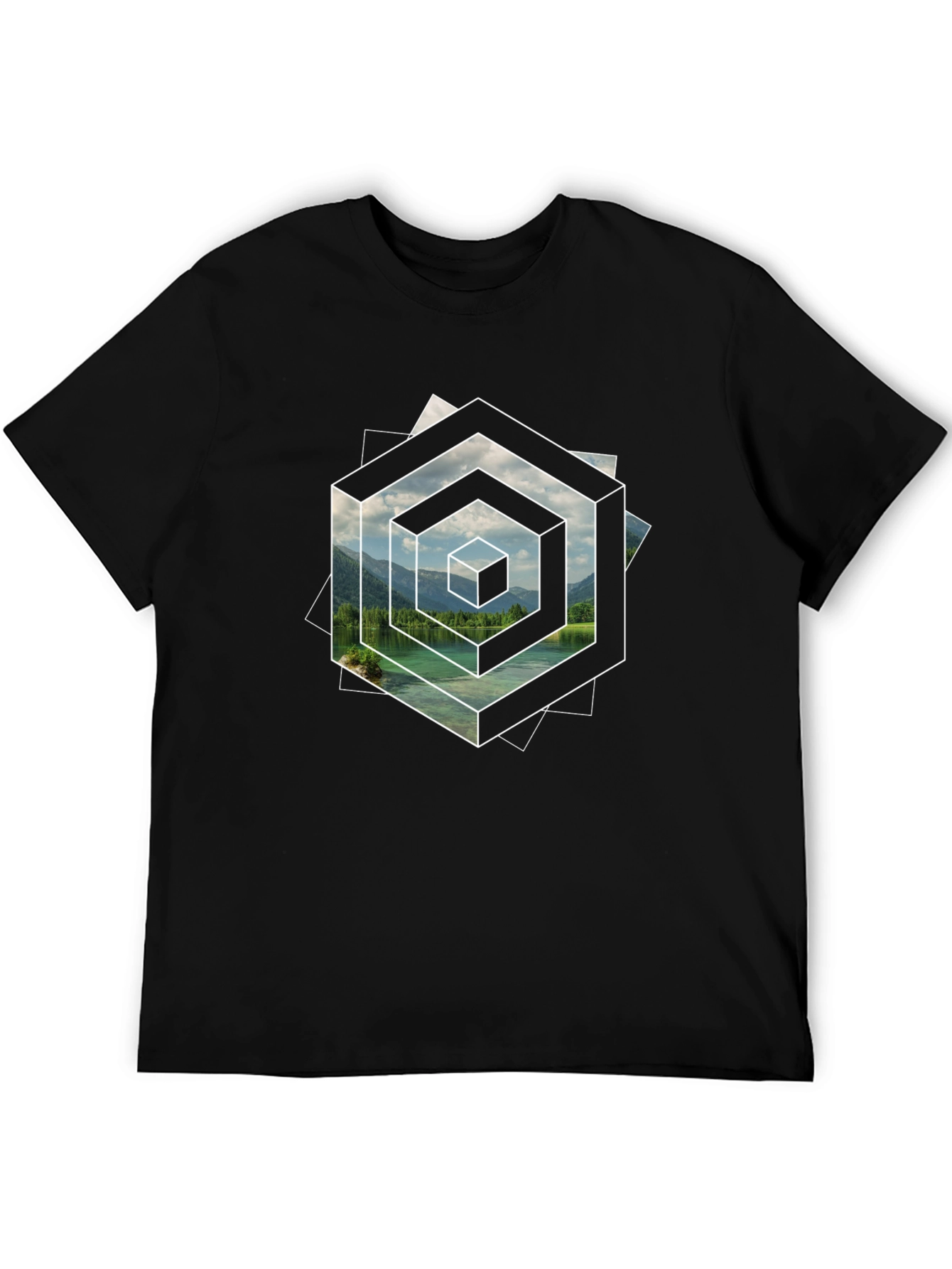 Abstract Geometric Lake Scene Graphic T-Shirt
