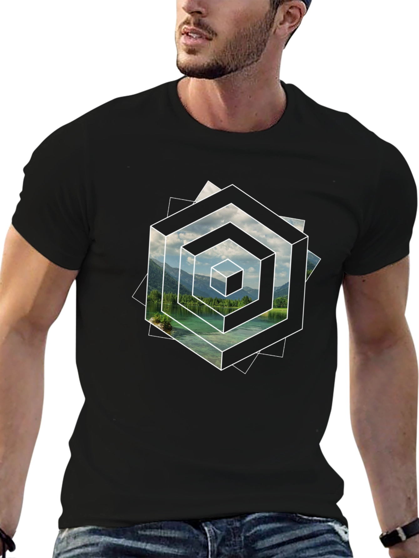 Abstract Geometric Lake Scene Graphic T-Shirt