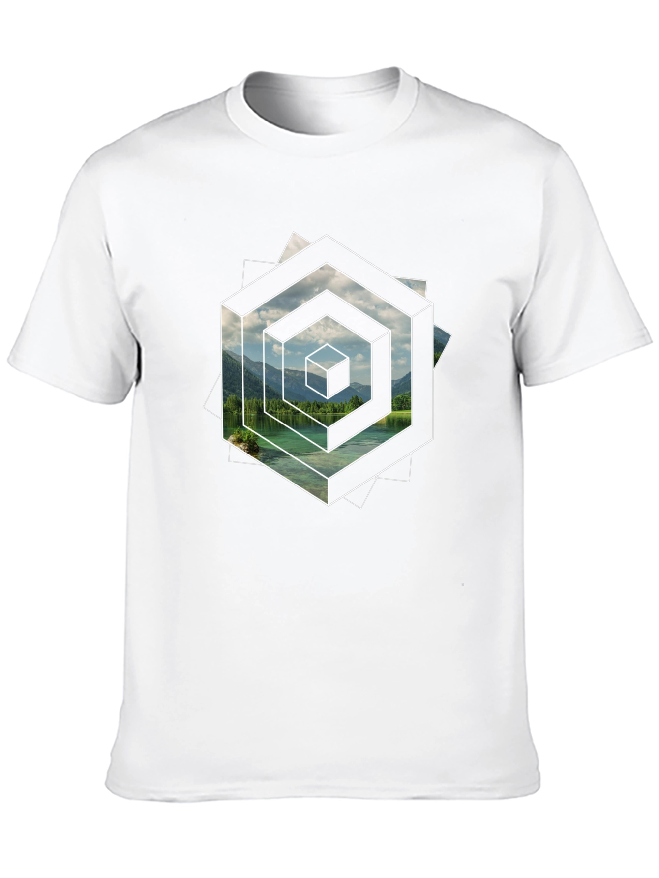 Abstract Geometric Lake Scene Graphic T-Shirt