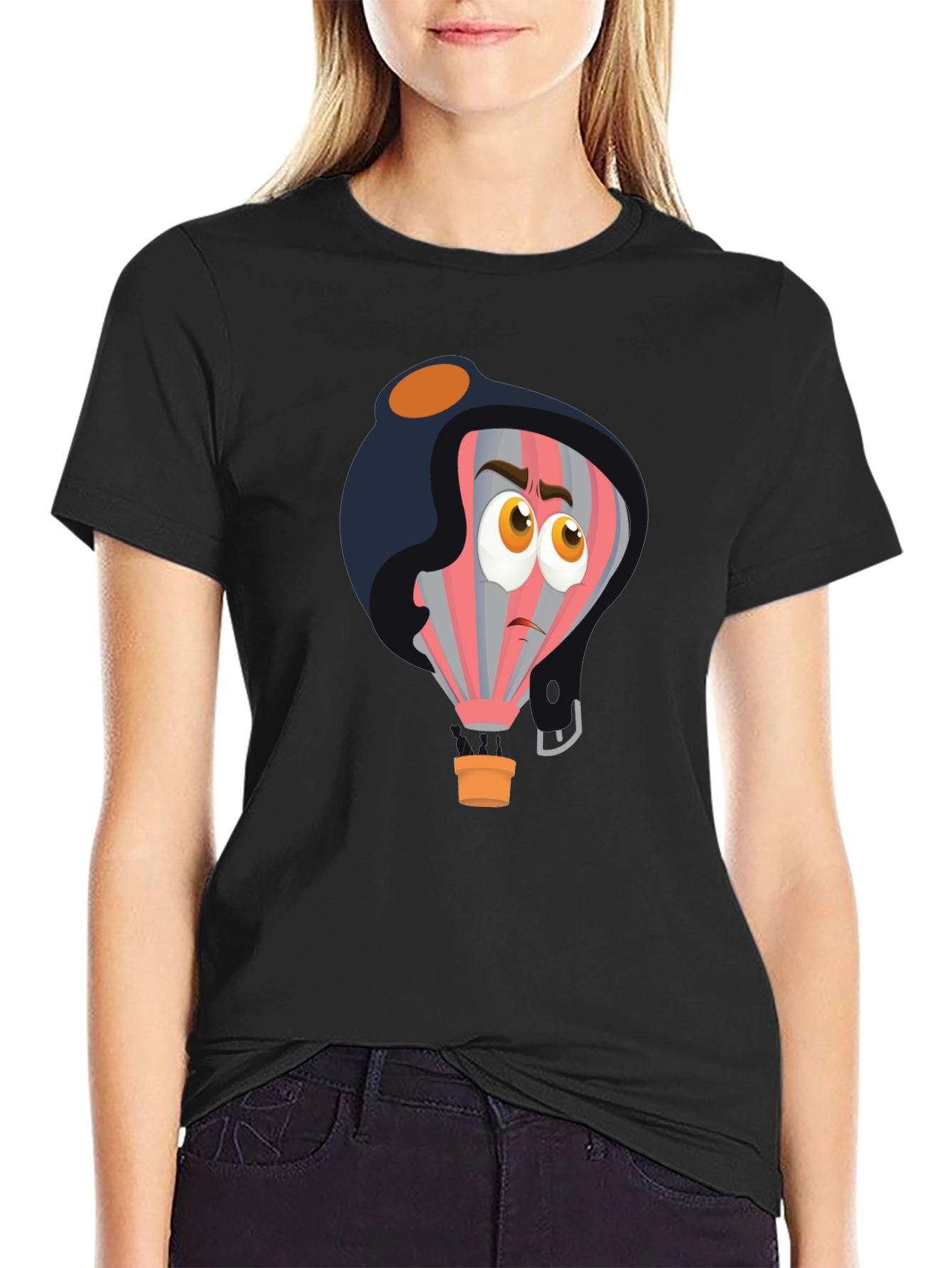 Cartoon Pilot Balloon Black T-Shirt