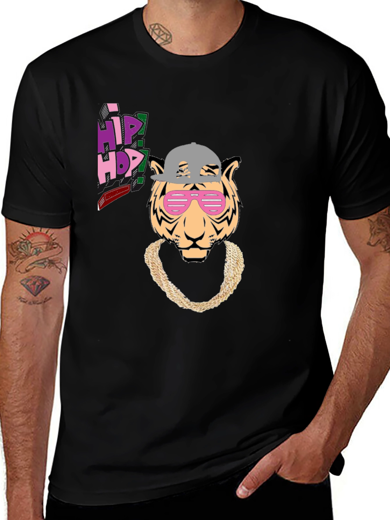 Hip Hop Tiger Graphic Tee - Black Cotton T-Shirt