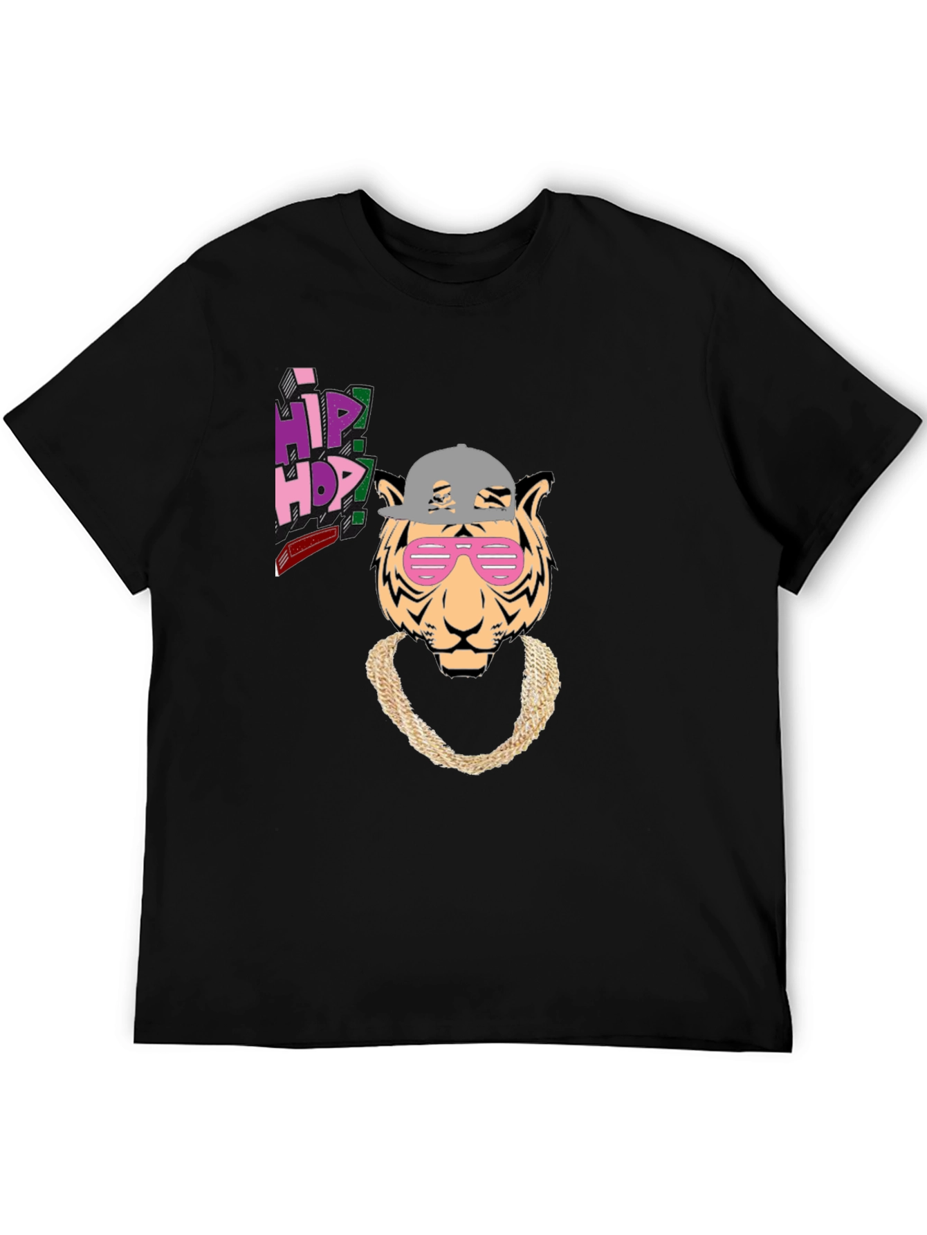 Hip Hop Tiger Graphic Tee - Black Cotton T-Shirt