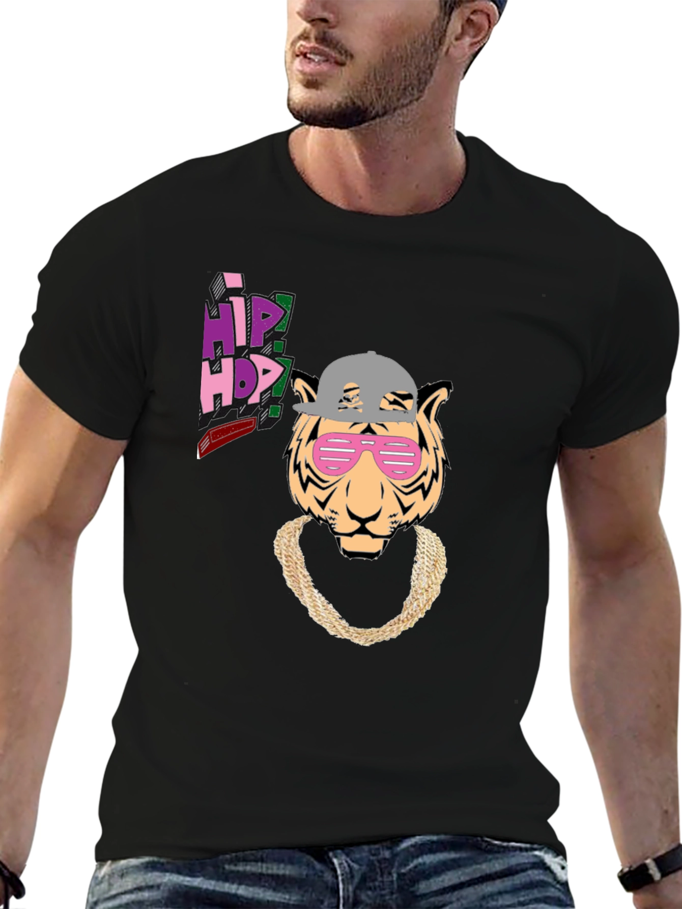 Hip Hop Tiger Graphic Tee - Black Cotton T-Shirt