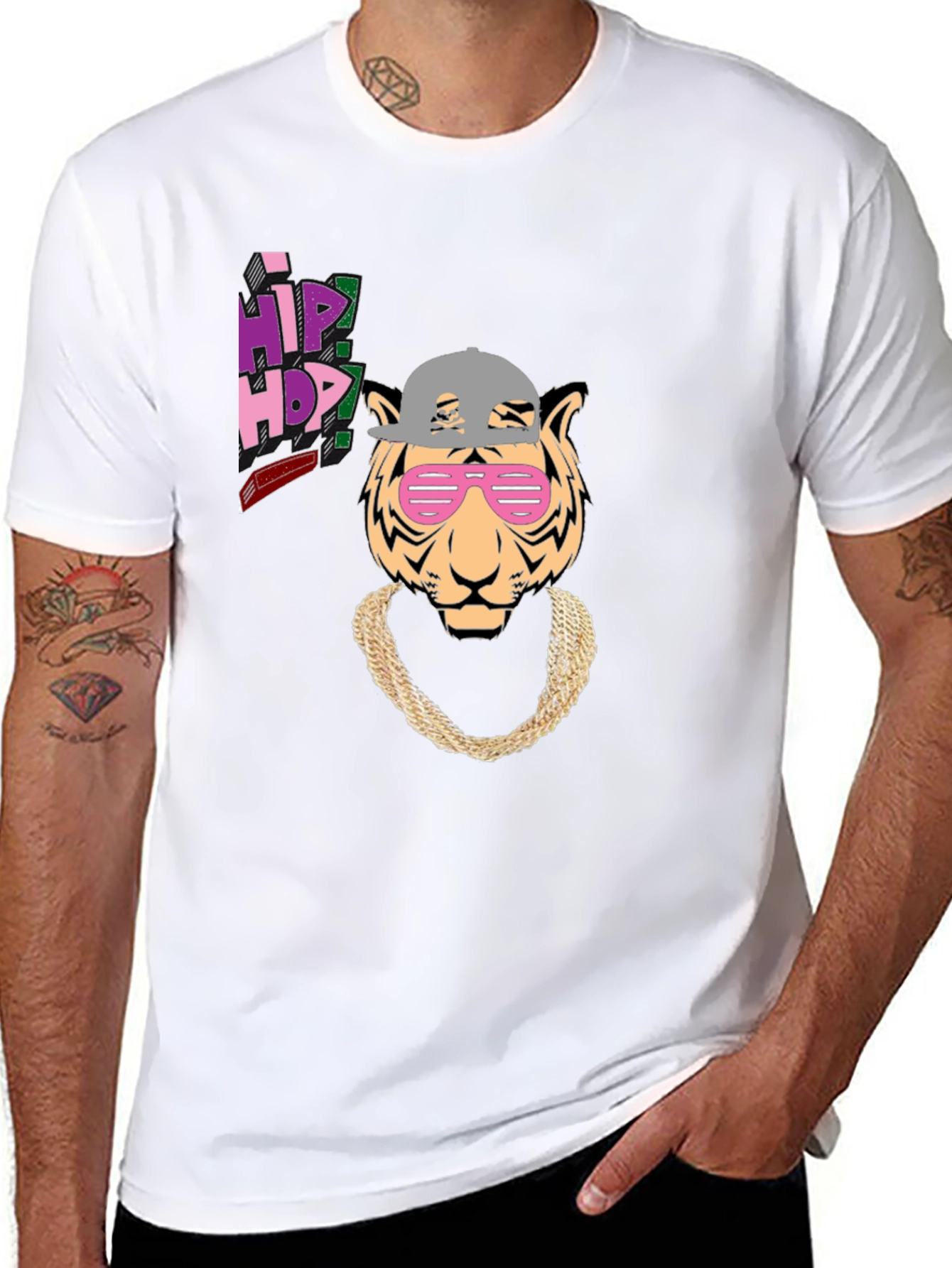 Hip Hop Tiger Graphic Tee - Black Cotton T-Shirt