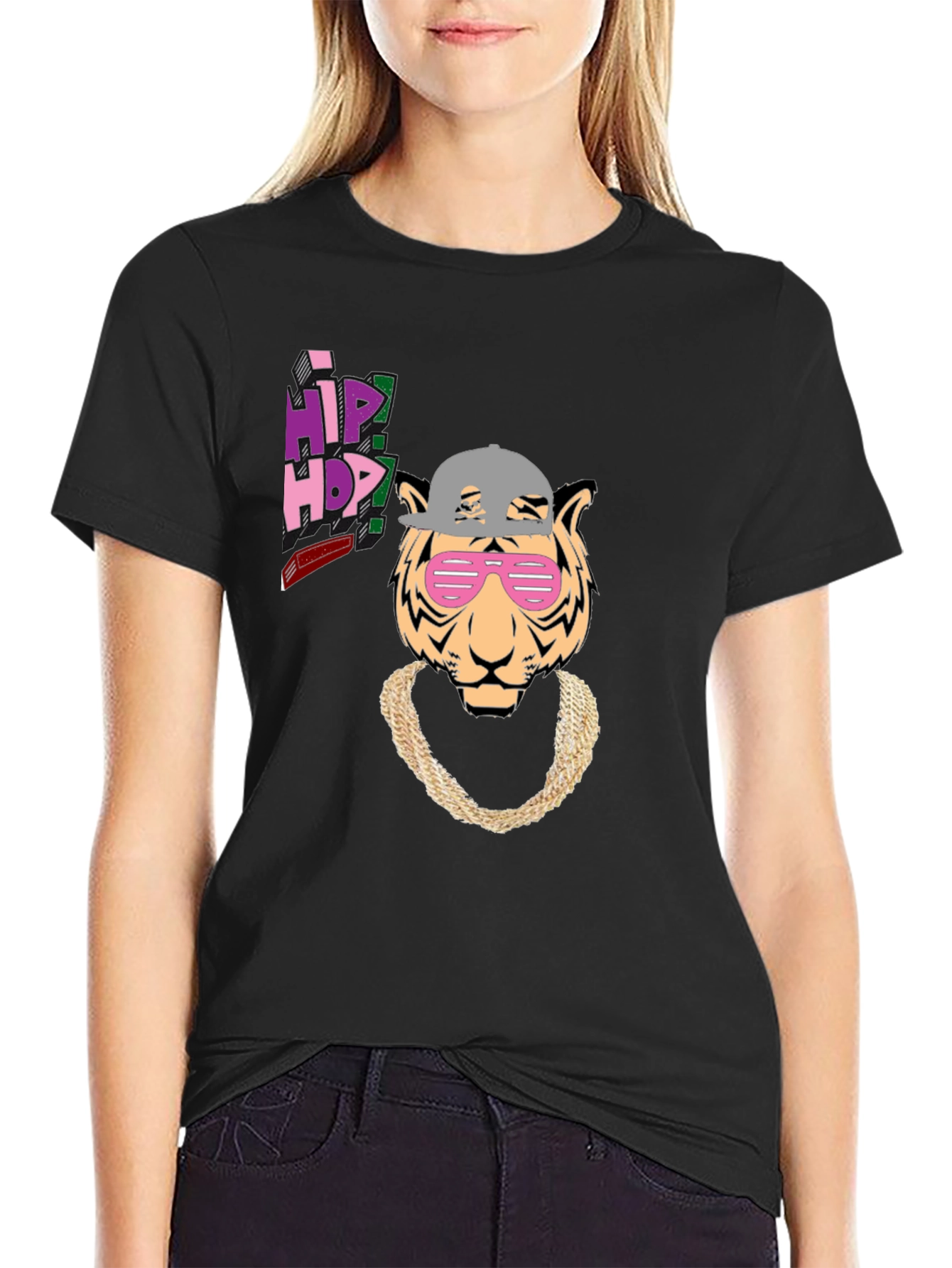 Hip Hop Tiger Graphic Tee - Black Cotton T-Shirt