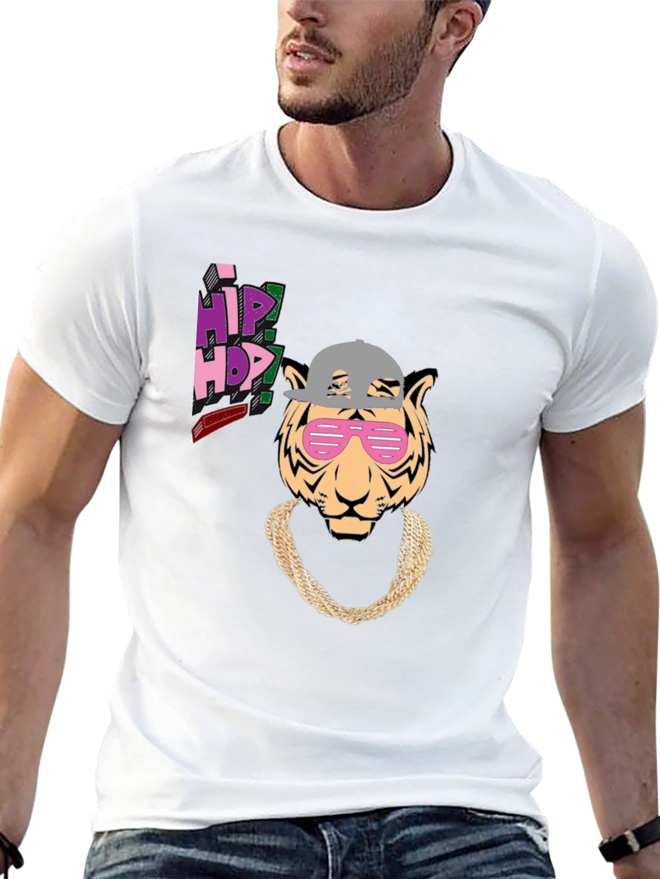 Hip Hop Tiger Graphic Tee - Black Cotton T-Shirt