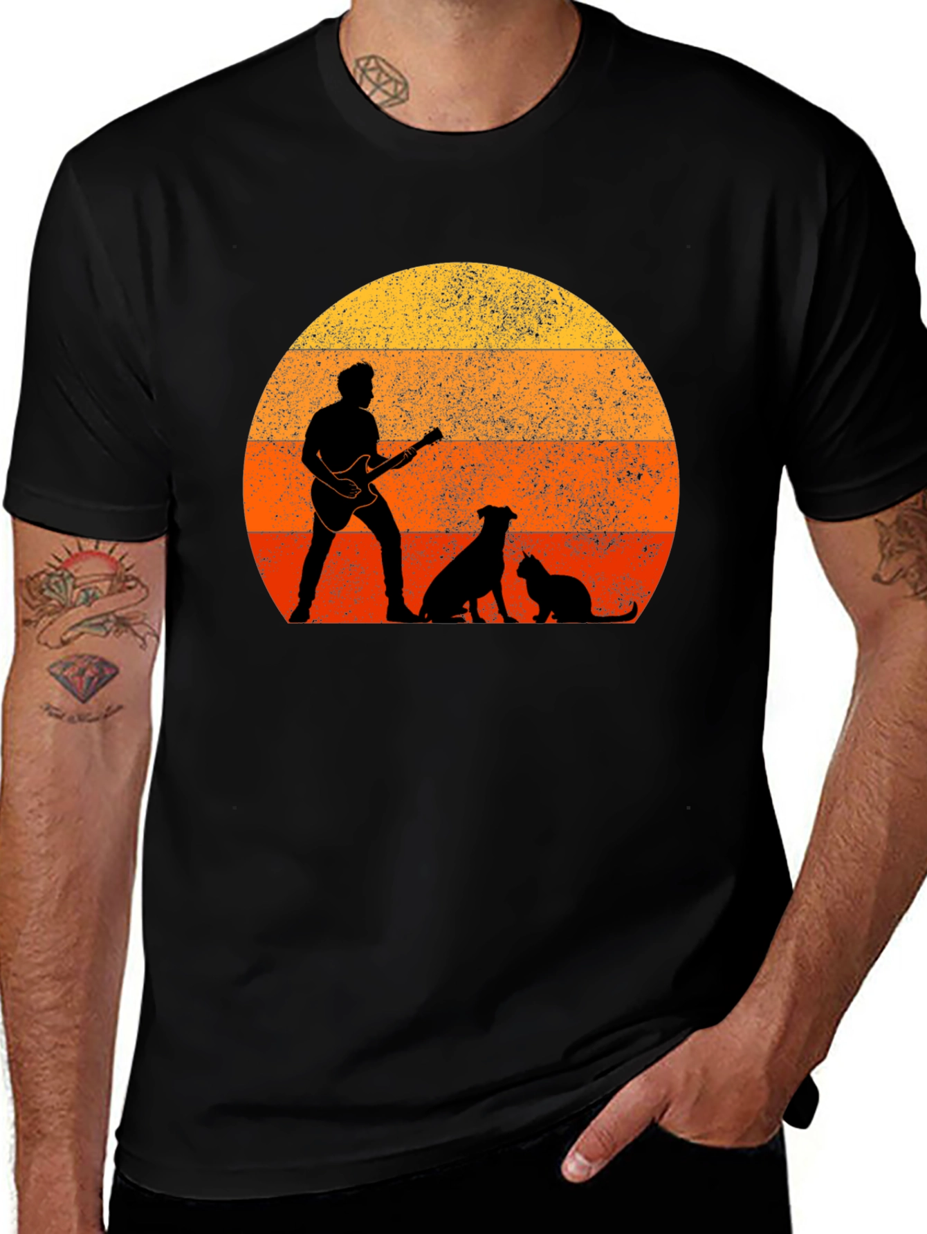 Sunset Guitarist Dog Cat T-Shirt