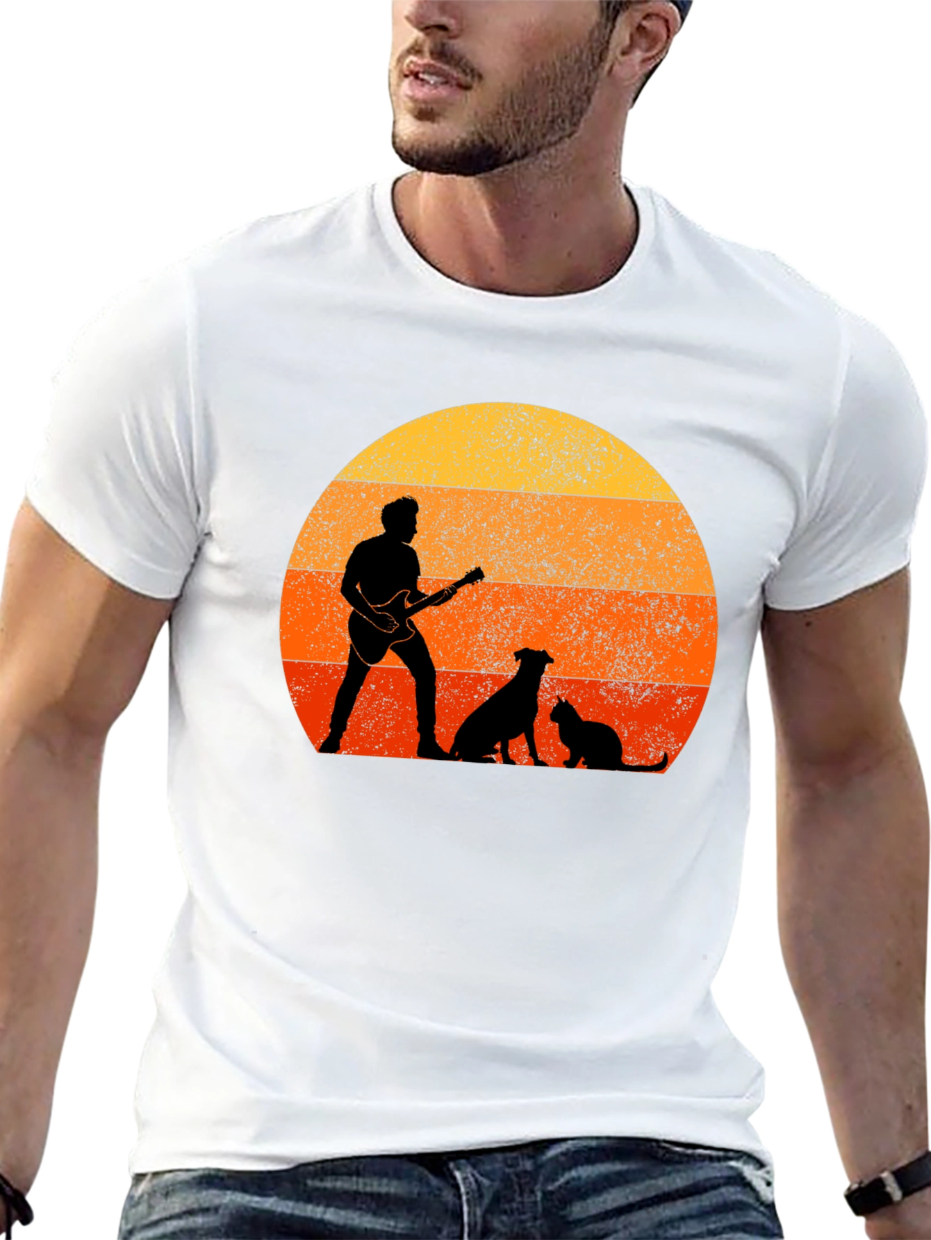 Sunset Guitarist Dog Cat T-Shirt
