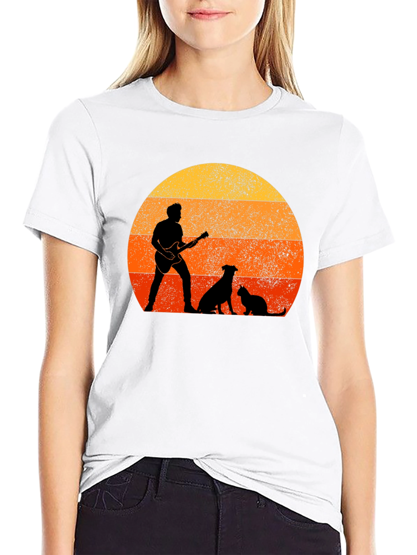 Sunset Guitarist Dog Cat T-Shirt