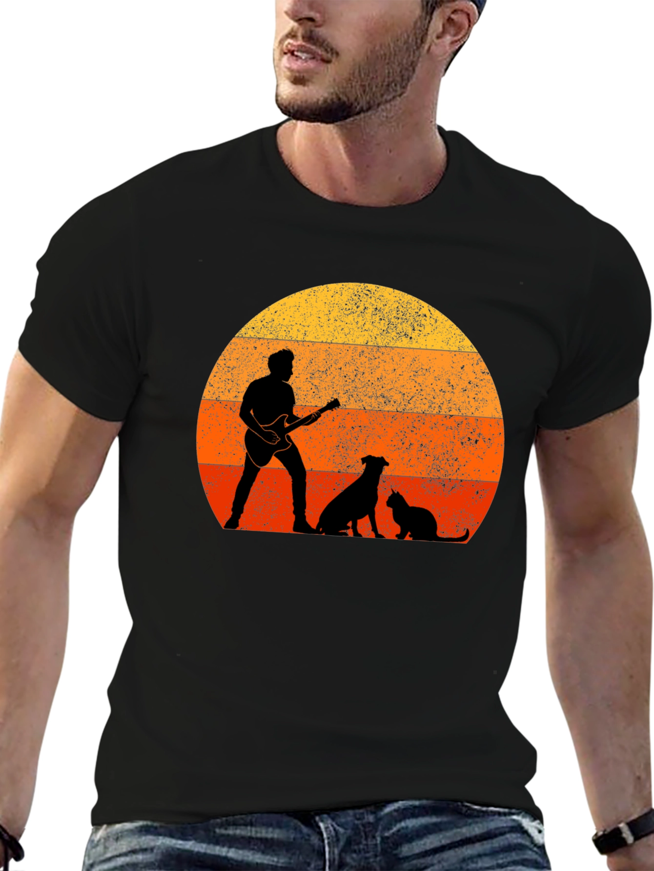 Sunset Guitarist Dog Cat T-Shirt