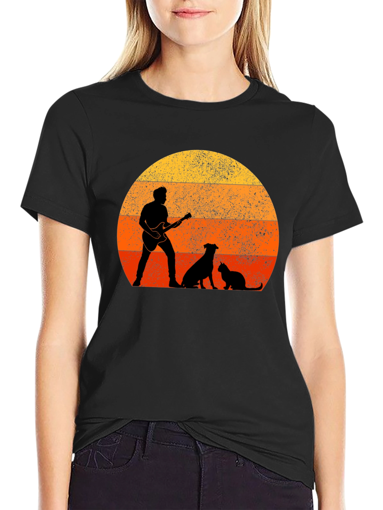 Sunset Guitarist Dog Cat T-Shirt