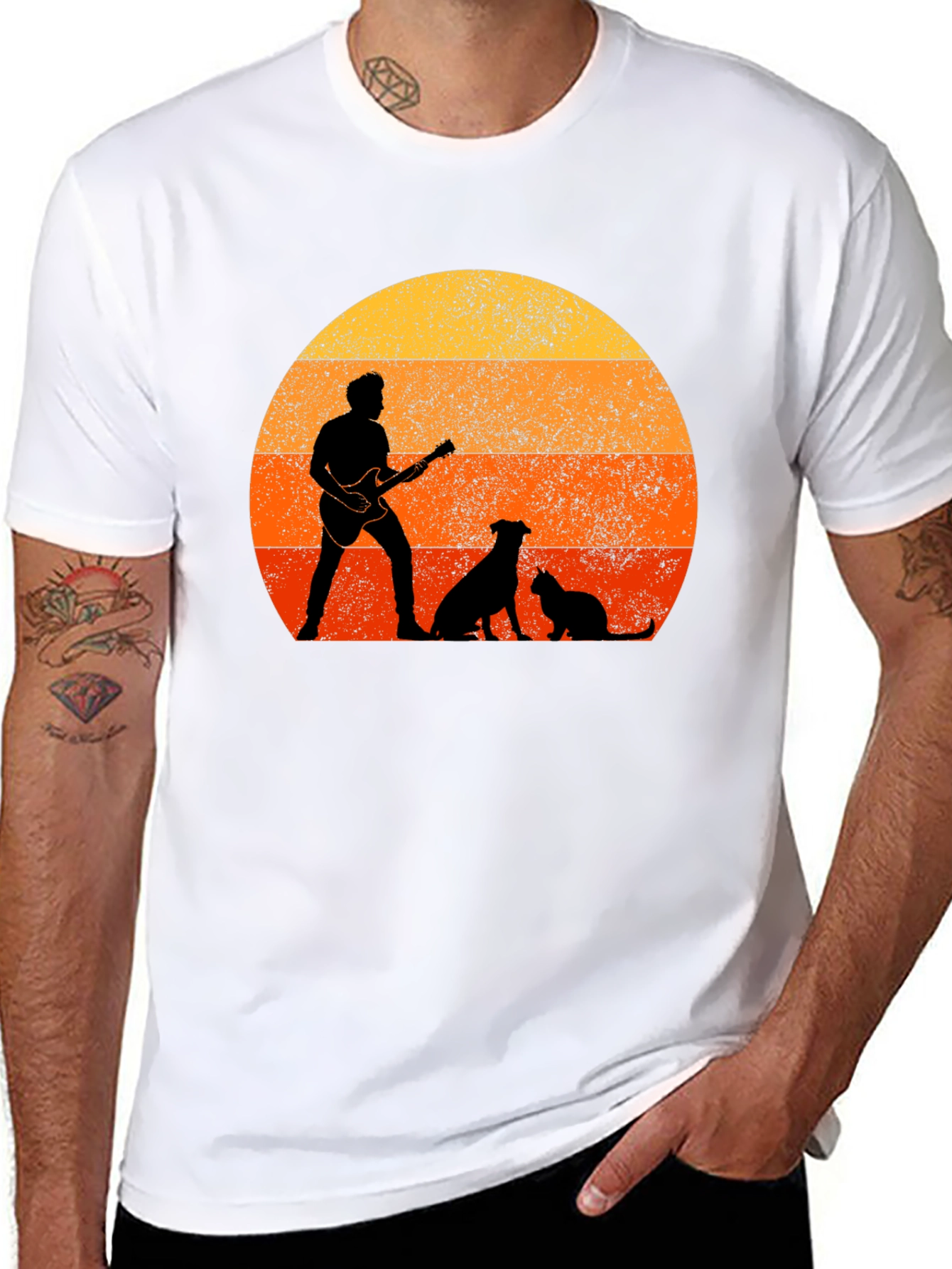 Sunset Guitarist Dog Cat T-Shirt