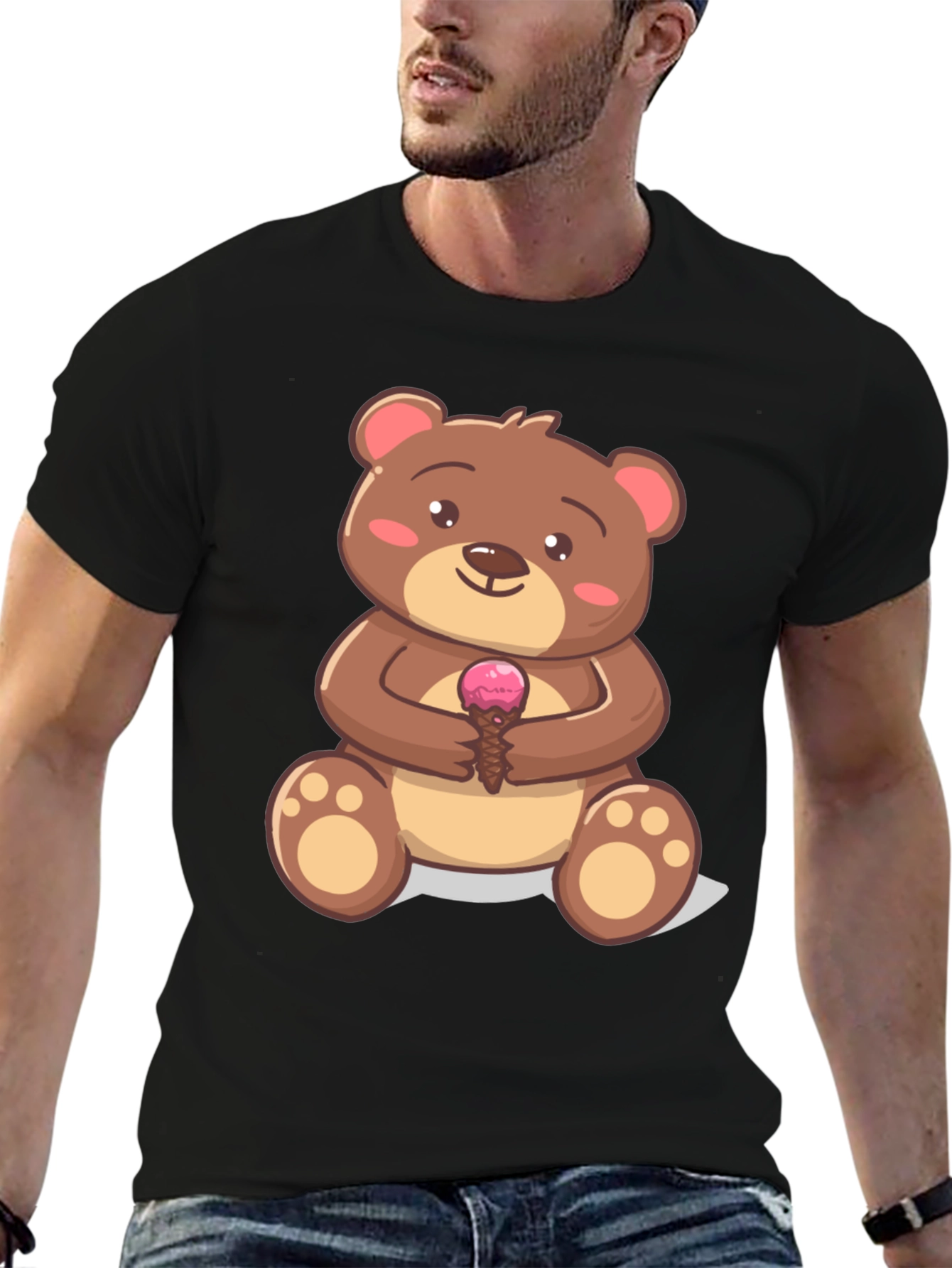 Cute Bear with Ice Cream Graphic T-Shirt - Black
