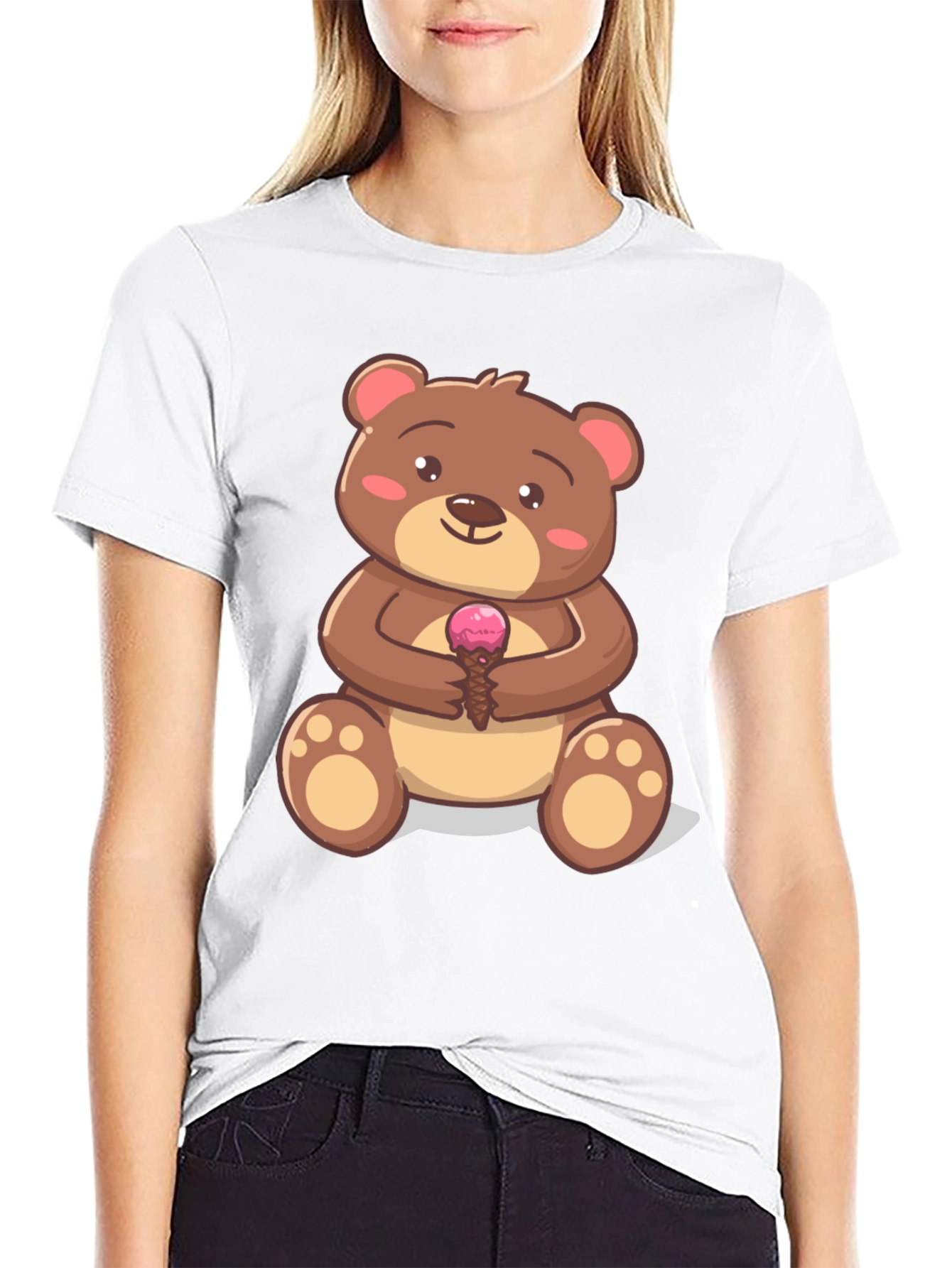 Cute Bear with Ice Cream Graphic T-Shirt - Black