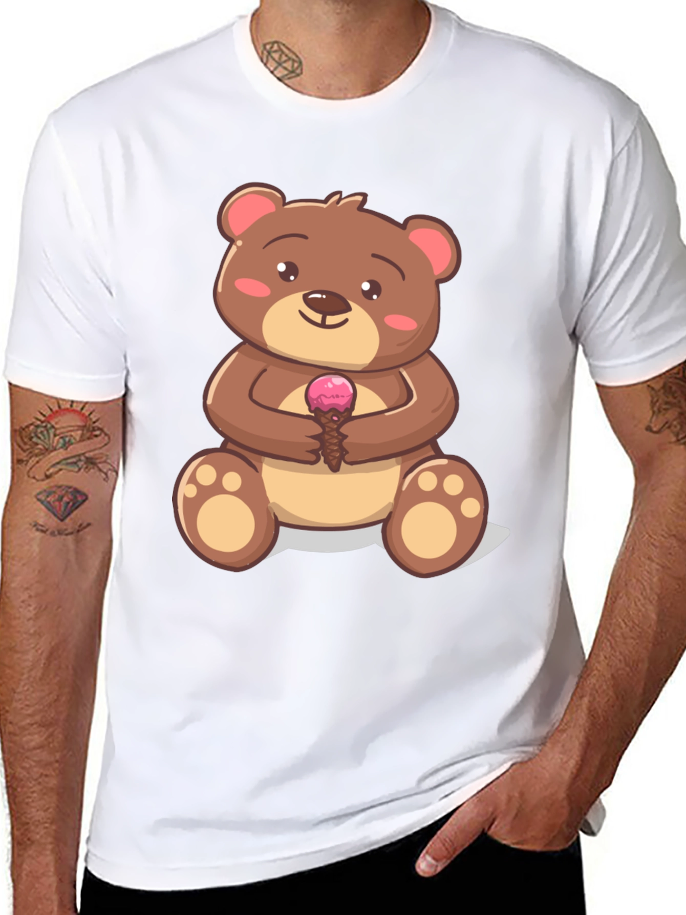 Cute Bear with Ice Cream Graphic T-Shirt - Black
