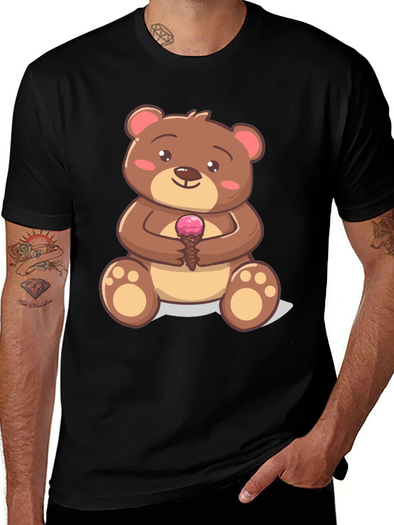 Cute Bear with Ice Cream Graphic T-Shirt - Black