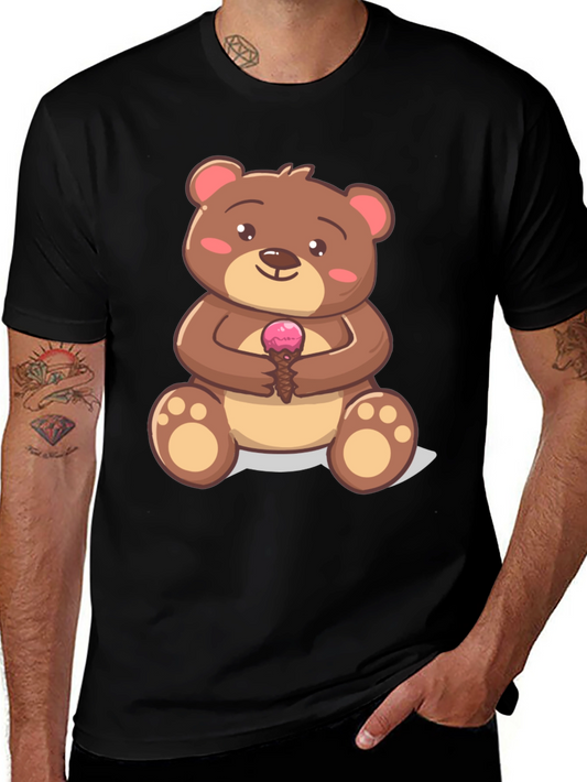 Cute Bear with Ice Cream Graphic T-Shirt - Black