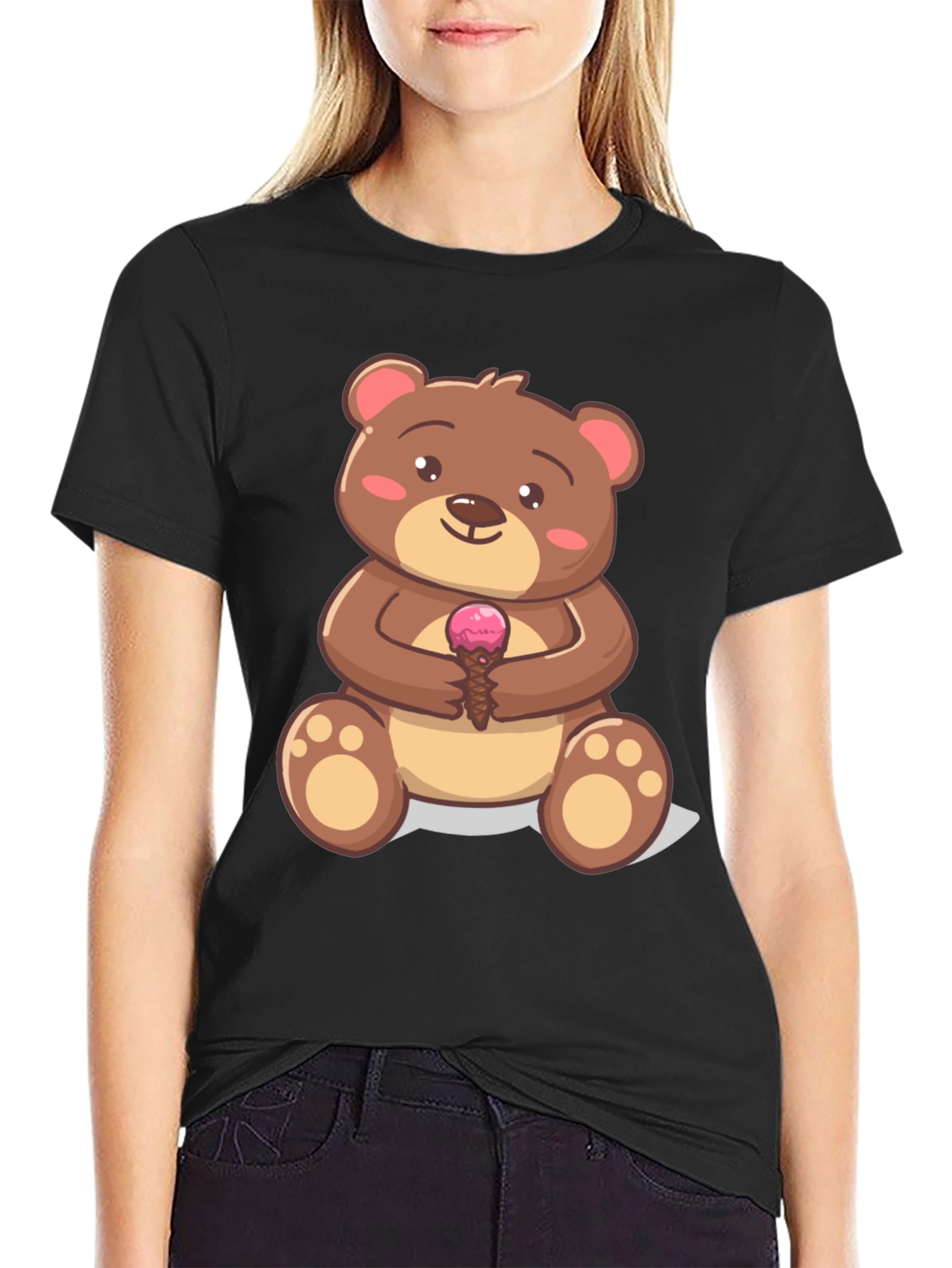 Cute Bear with Ice Cream Graphic T-Shirt - Black