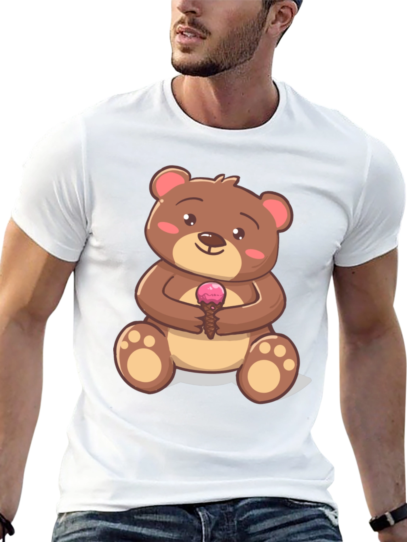 Cute Bear with Ice Cream Graphic T-Shirt - Black