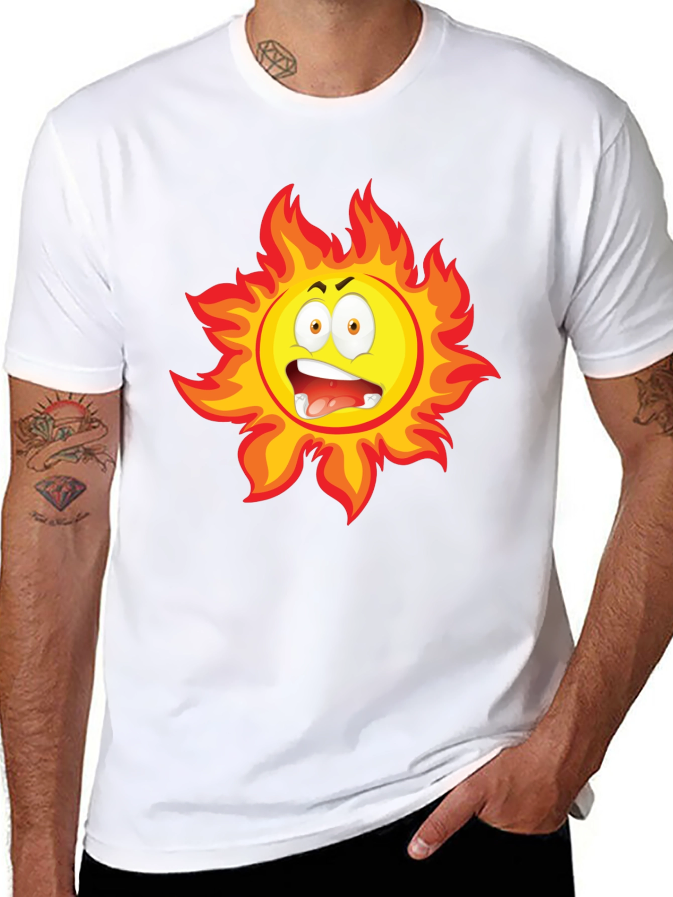 Fiery Sun Cartoon Black T-Shirt