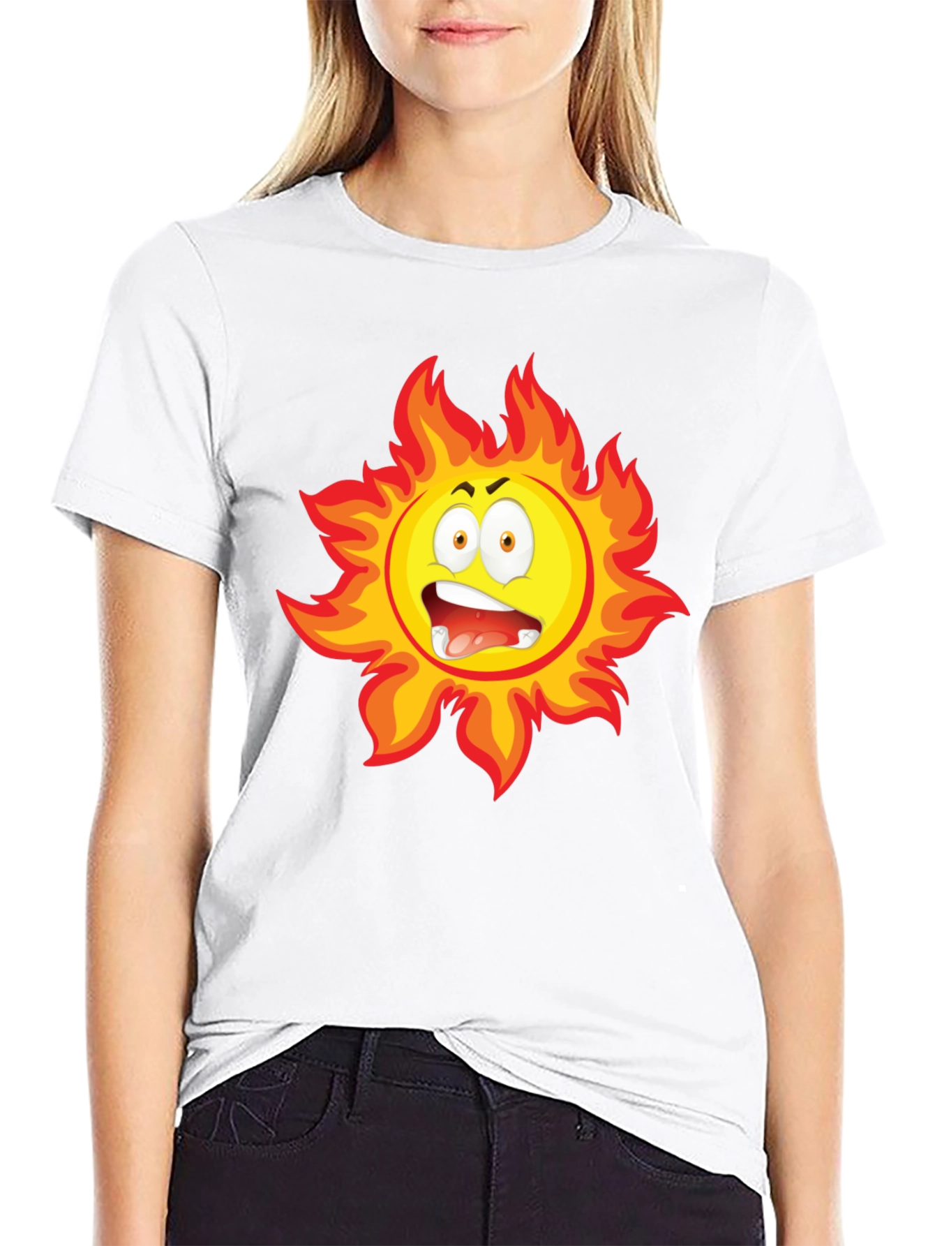 Fiery Sun Cartoon Black T-Shirt