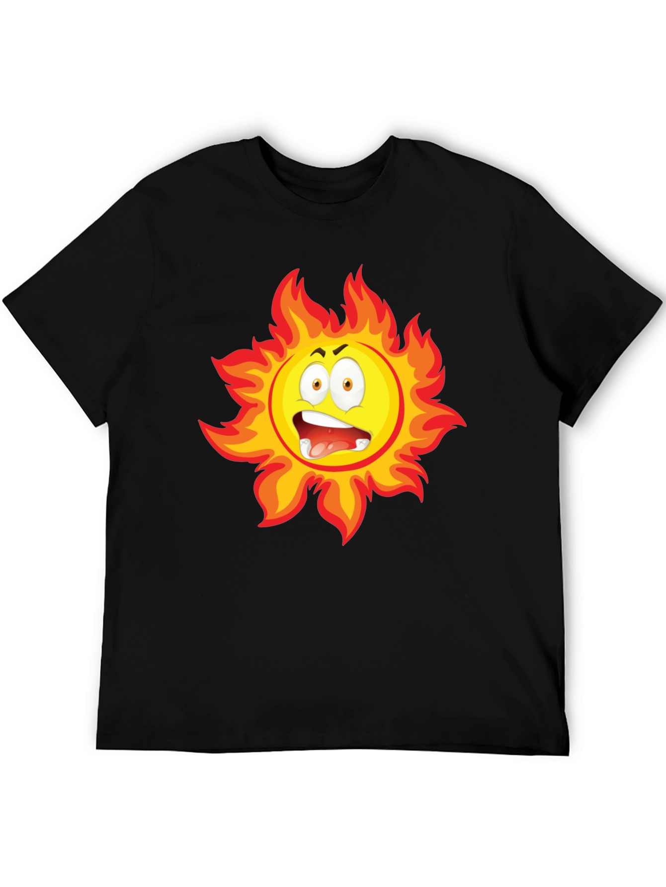 Fiery Sun Cartoon Black T-Shirt