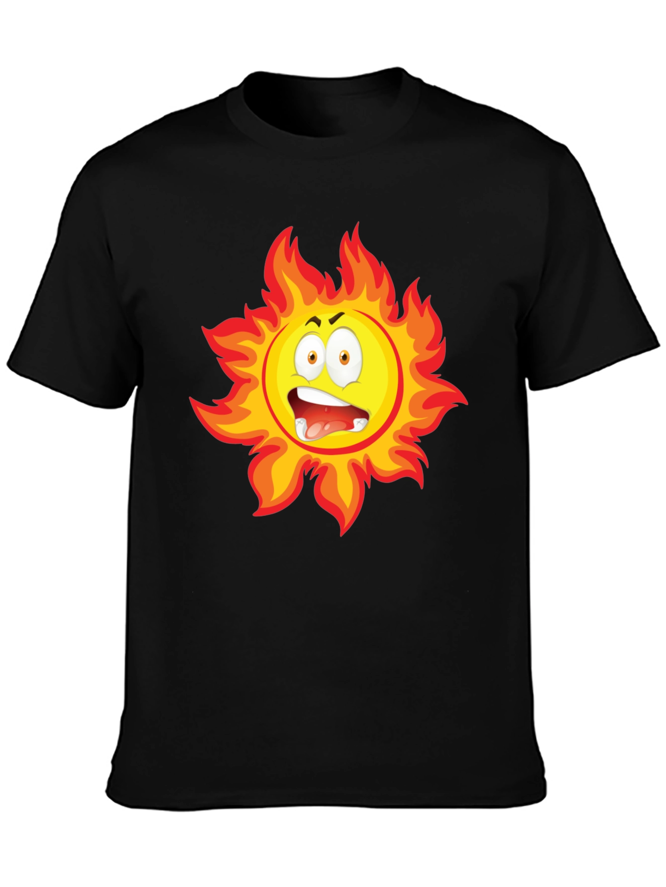 Fiery Sun Cartoon Black T-Shirt