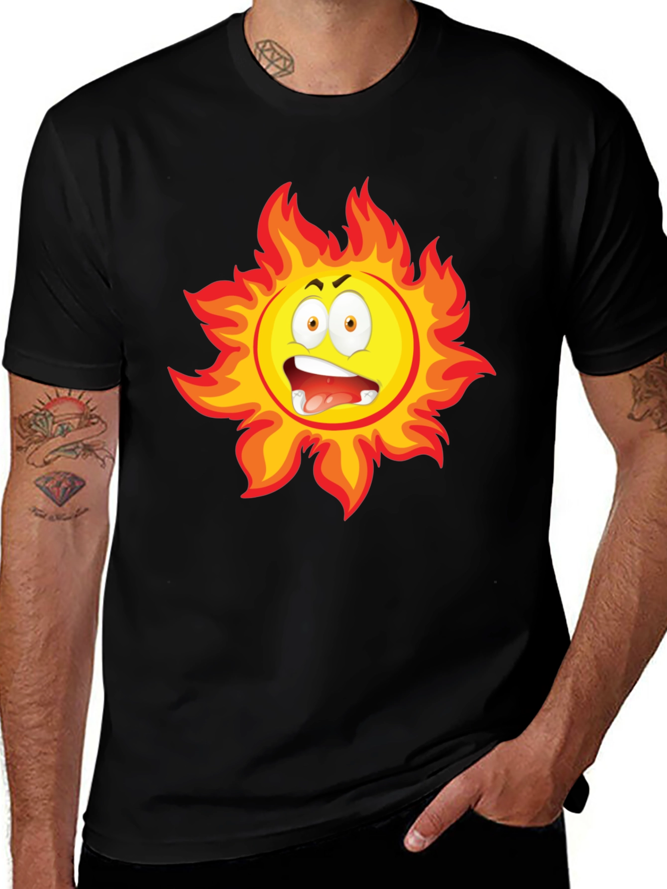 Fiery Sun Cartoon Black T-Shirt