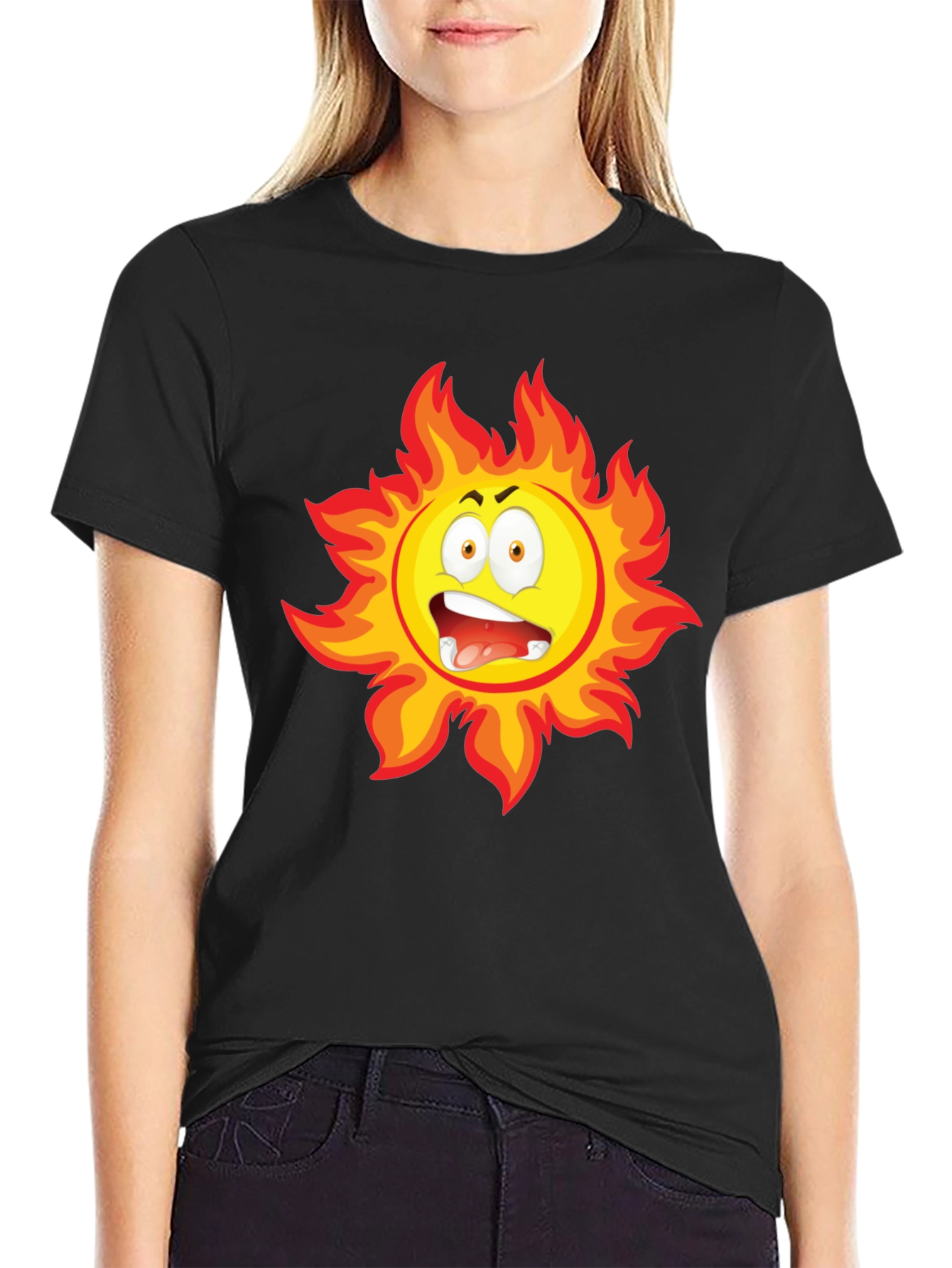 Fiery Sun Cartoon Black T-Shirt
