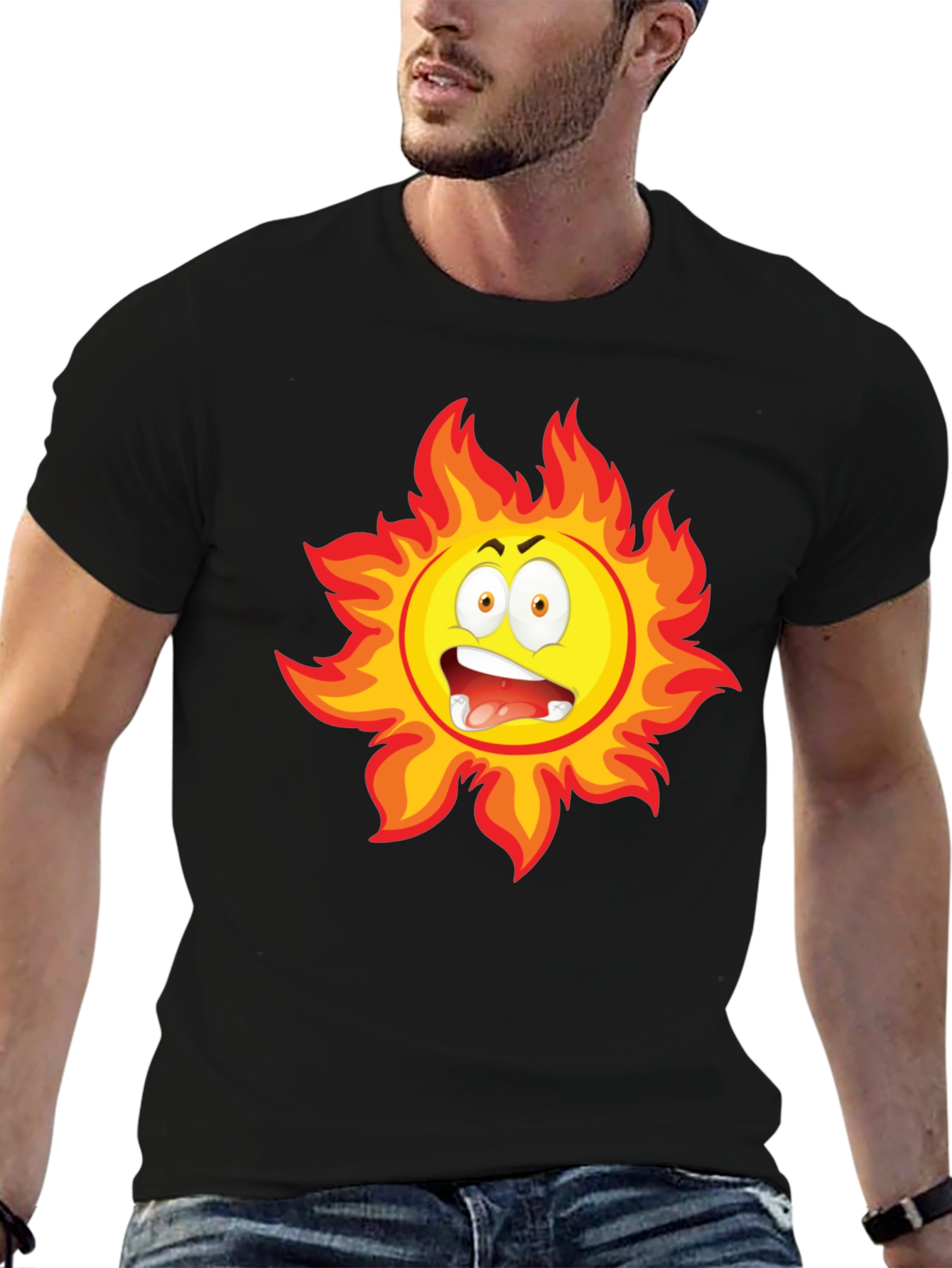 Fiery Sun Cartoon Black T-Shirt
