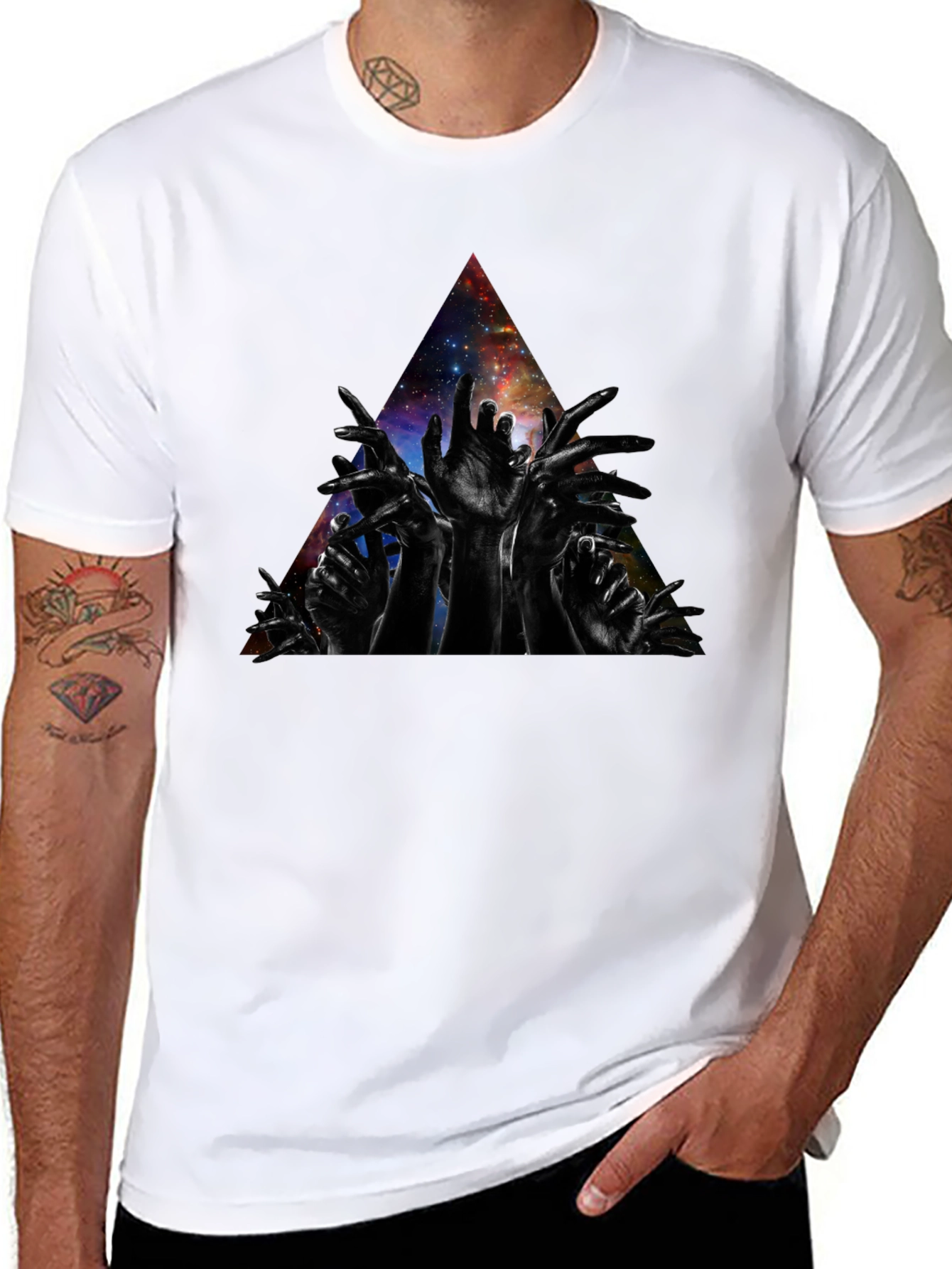 Galaxy Hands Graphic T-Shirt - Modern Artistic Design