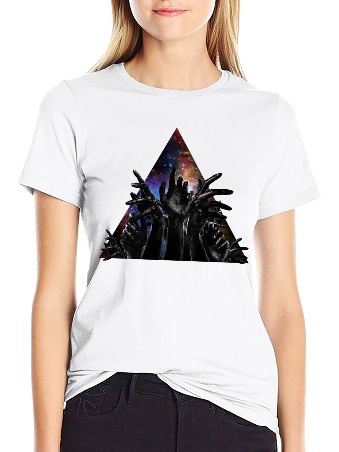 Galaxy Hands Graphic T-Shirt - Modern Artistic Design
