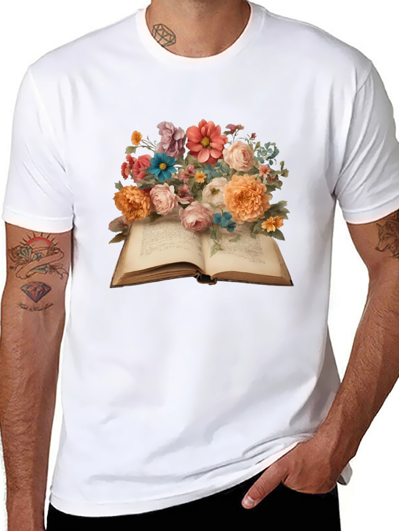 Floral Book T-Shirt: Artistic Literary Tee