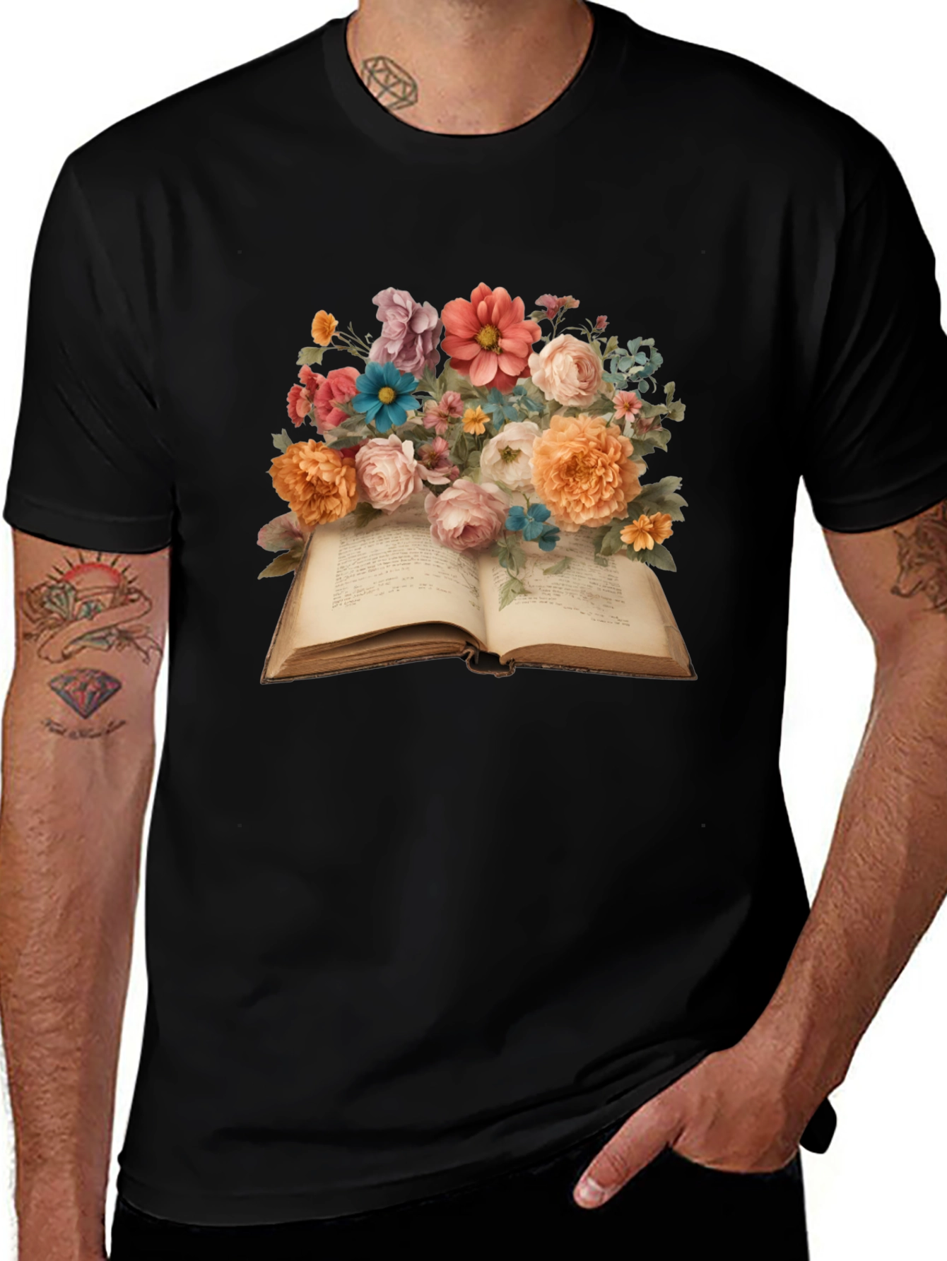 Floral Book T-Shirt: Artistic Literary Tee