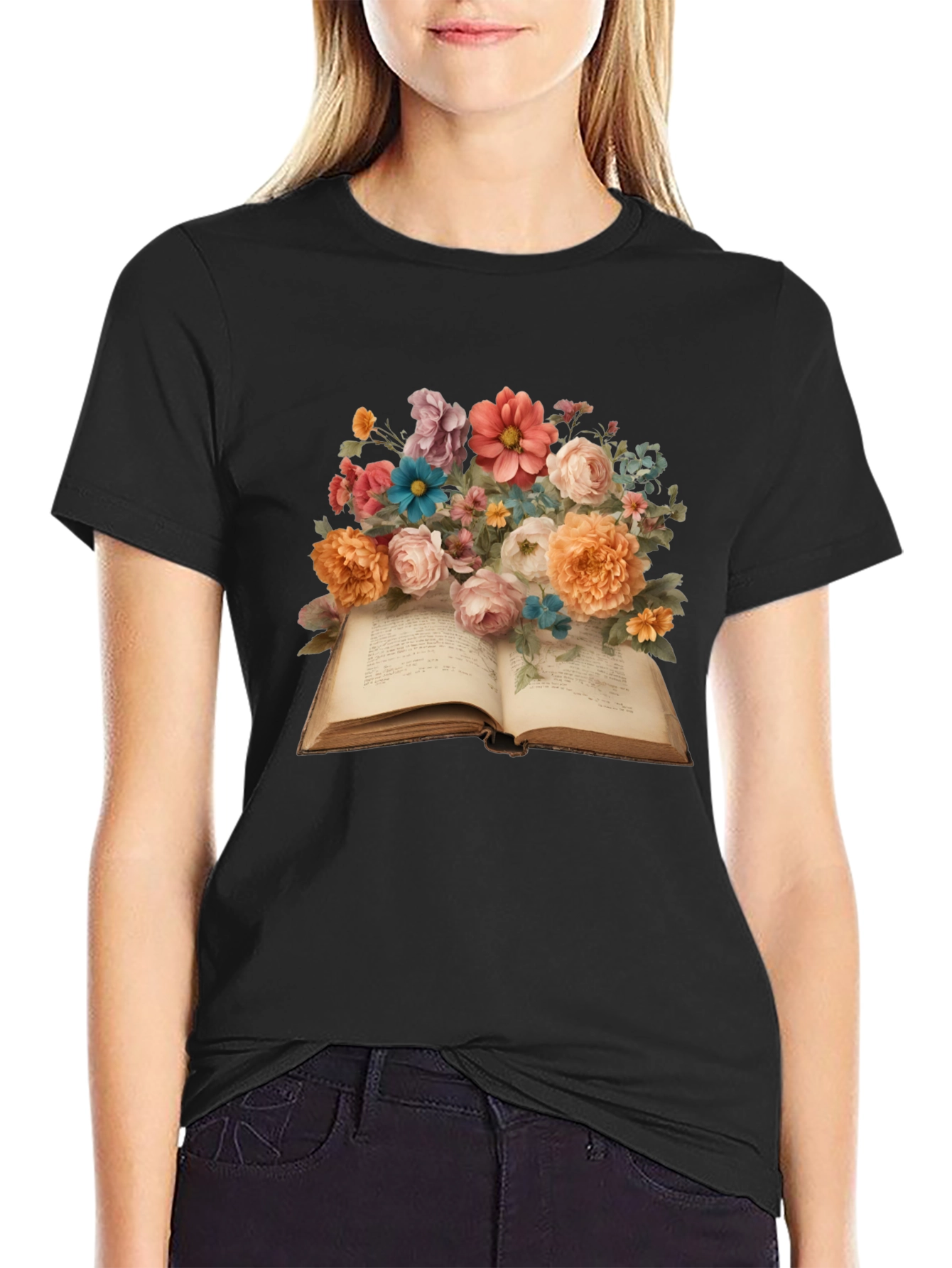 Floral Book T-Shirt: Artistic Literary Tee