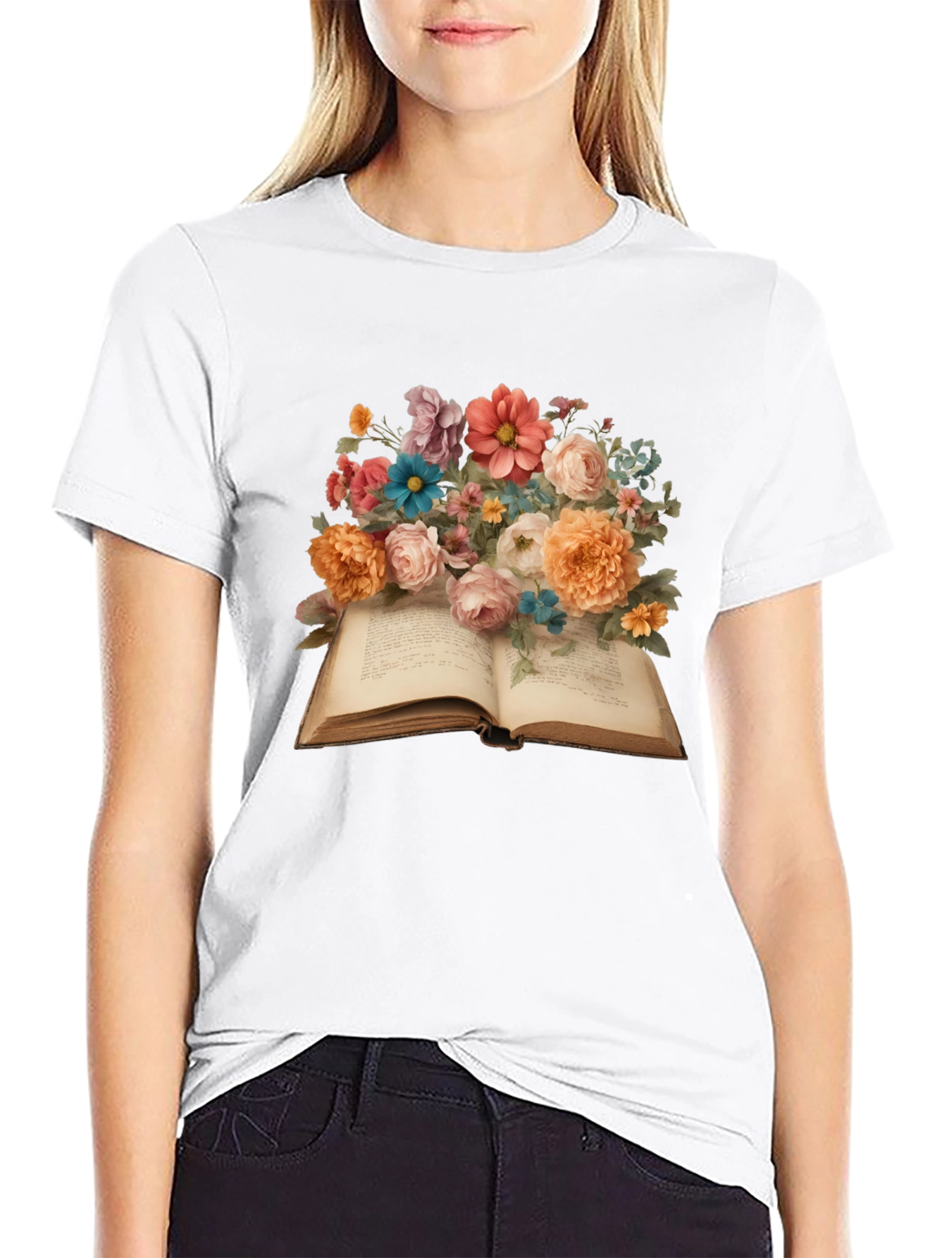 Floral Book T-Shirt: Artistic Literary Tee