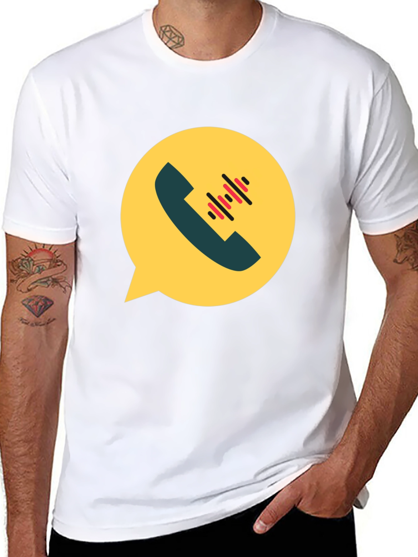 Modern Black T-Shirt with Phone Call Graphic